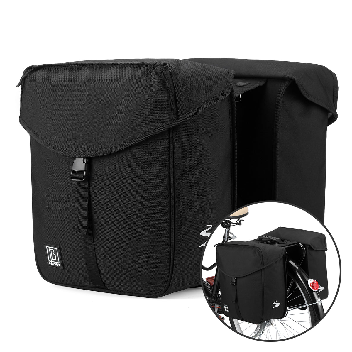Brisby Dubbele Fietstas 34 Liter – Voor Gewone en Elektrische Fiets – Waterafstotend Polyester – Met Trekkoord, Gespsluiting en Reflectie – Zwart