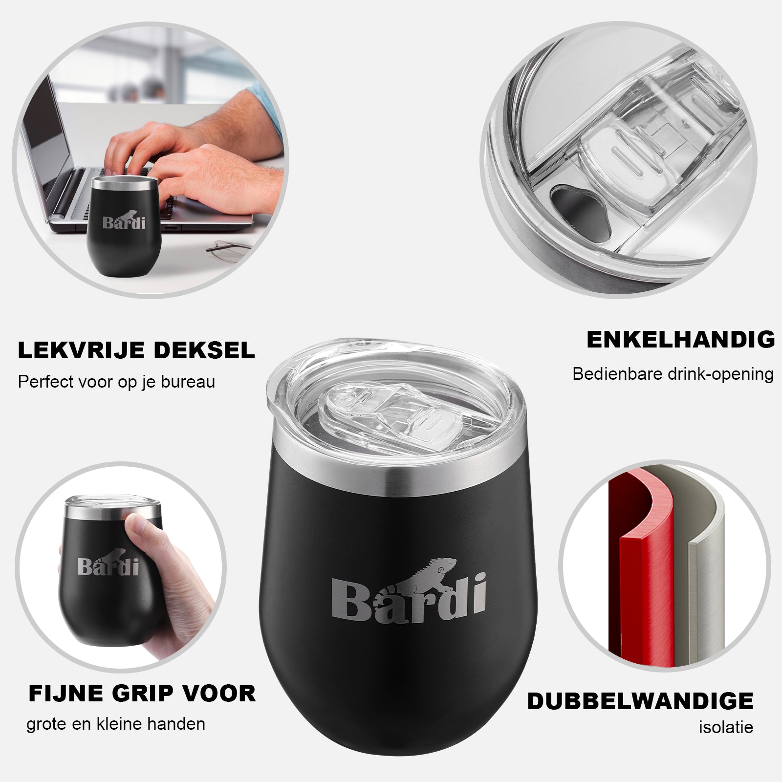 Bardi Thermosbekers 0,3L RVS zwart set - incl. deksels - dubbelwandig