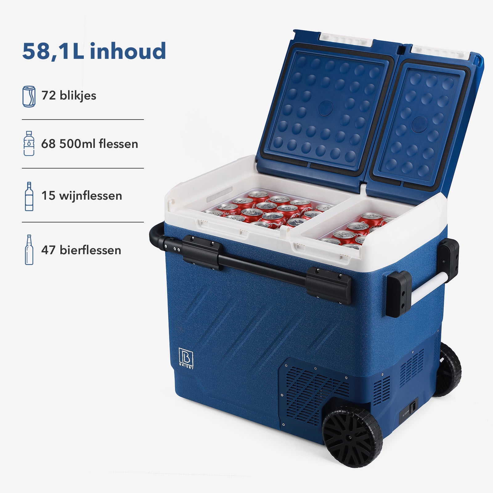 Compressor koelbox 58,1L en 8L koelbox blauw SET - Dual zone - koelen en vriezen - 12V en 230V - verrijdbaar - incl. 2x 1,2L thermosbekers