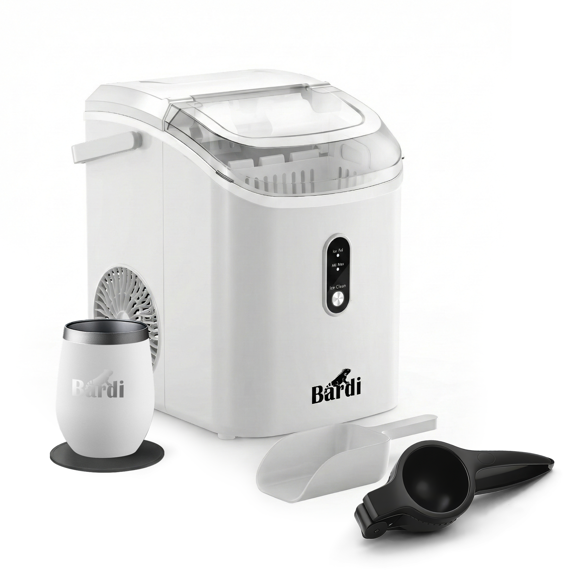 Bardi 1.1L - Nugget IJsblokjesmachine Rond - Crushed Ice Maker met IJsschep - 15kg/24 uur - Ijsblokjesmaker - Met Lux Thermosbeker - WIT - Citruspers Zwart