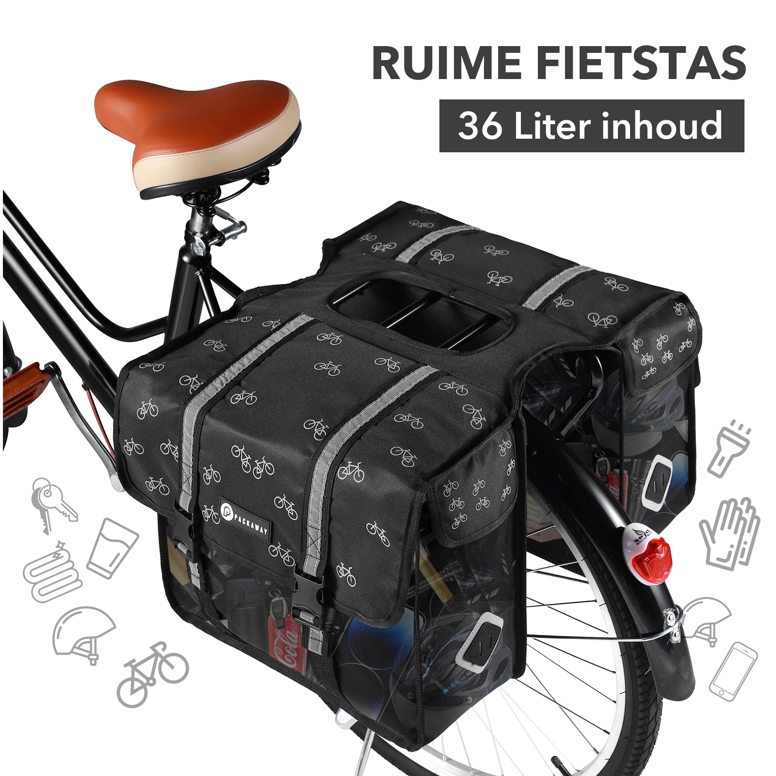 Packaway Dubbele Fietstassen 36L fietspatroon - waterdicht - reflectie