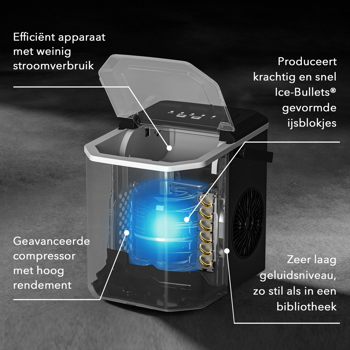 Bardi 1.3L Deluxe IJsblokjesmachine Square – IJsblokmaker Inclusief Luxe Thermosbeker en IJsschep – 9 Blokjes in 8 Minuten – ZWART