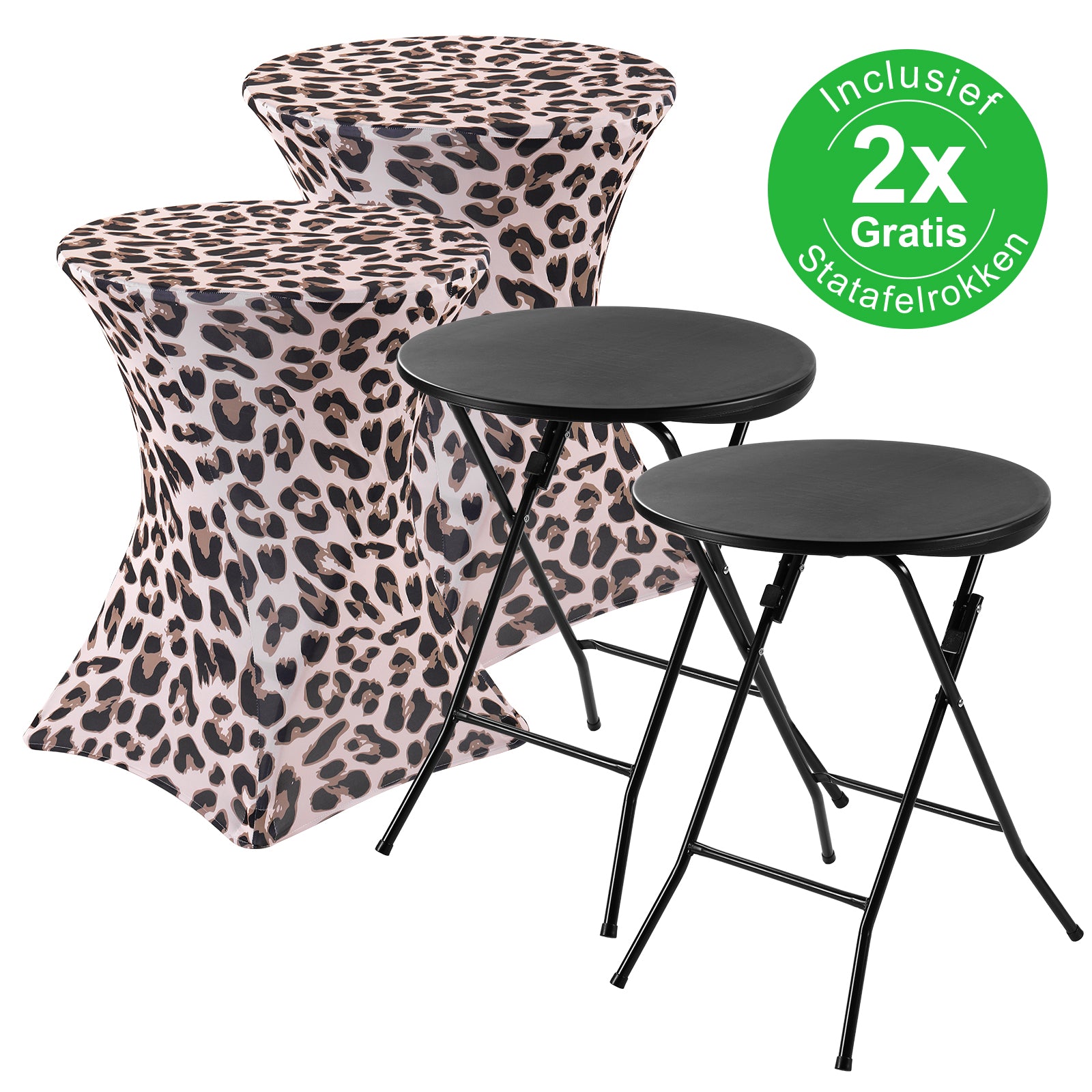 Bardi 2 x Salontafel - Bijzettafel Inklapbaar 60 x 74cm - Zwart inclusief Tigerprint Rokken