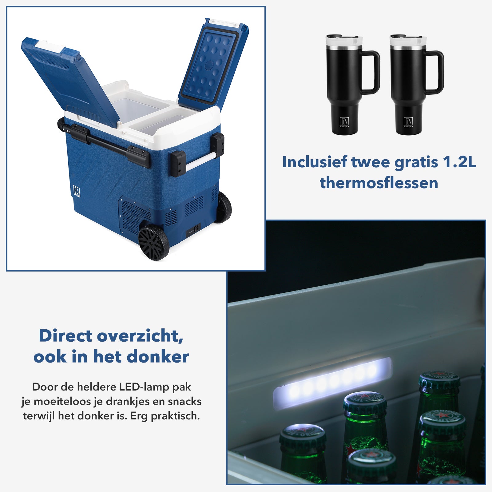 Compressor koelbox 58,1L en 8L koelbox blauw SET - Dual zone - koelen en vriezen - 12V en 230V - verrijdbaar - incl. 2x 1,2L thermosbekers