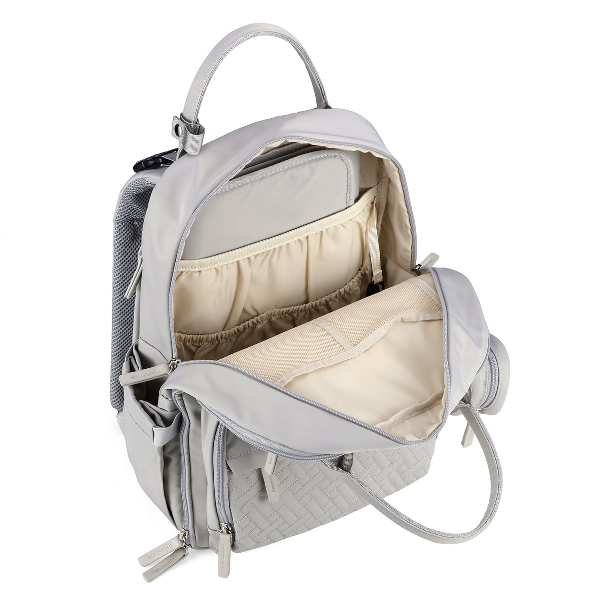 Brisby Premium Luiertas – Uitgebreide en Functionele Verzorgingstas – met buggymontage – Anti Diefstal Vakken - Reistrolley Sleeve - Inclusief verschoonmatje t.w.v.15,99 euro en speenhouder - Levenslange Garantie -Modern Grey