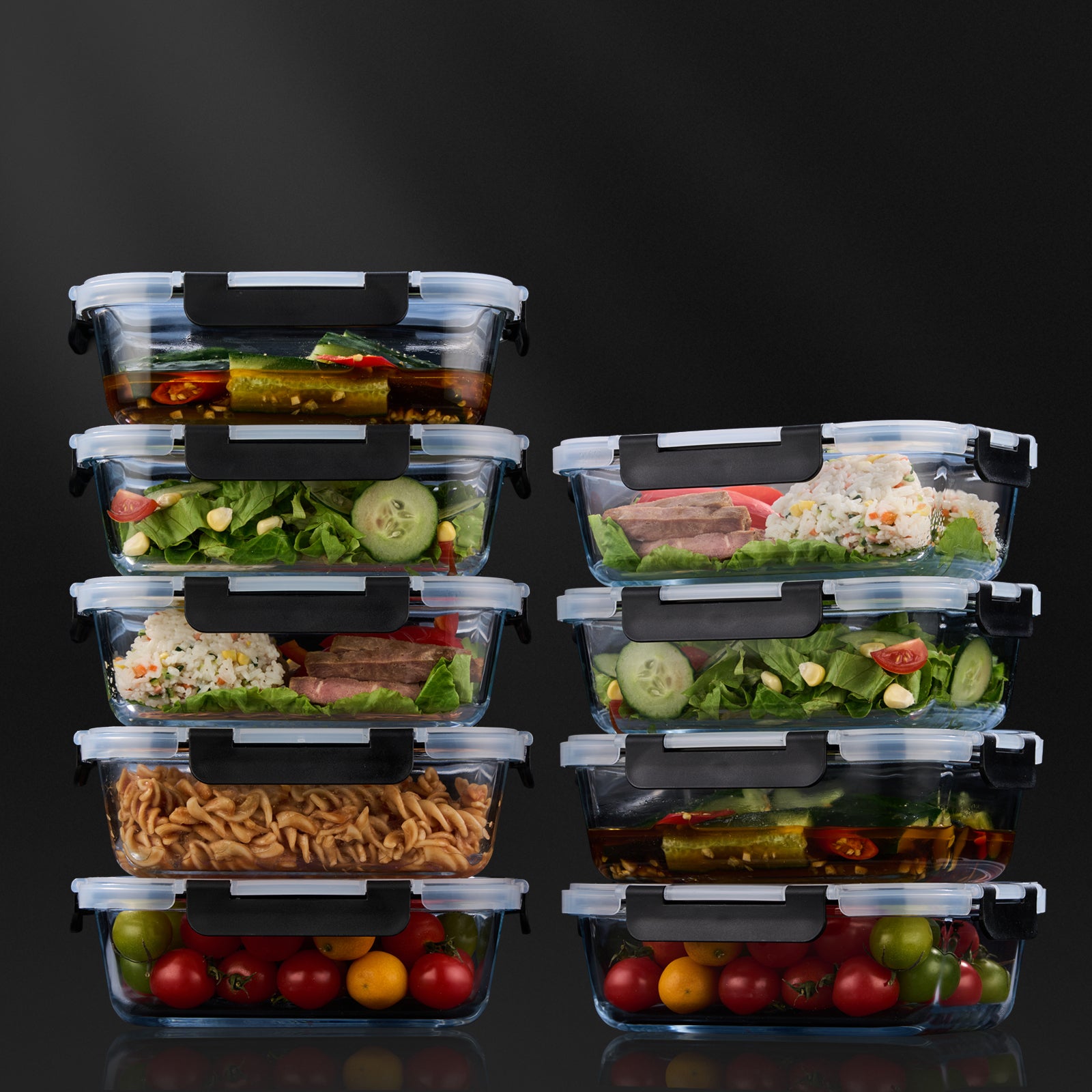 BARDI 10 Delige Glazen Meal Prep Bakjes + 10 Wonderspons – Glazen Vershoudbakjes – Luchtdicht – BPA-vrij – 1060ML + 370ML – Zwarte Clips