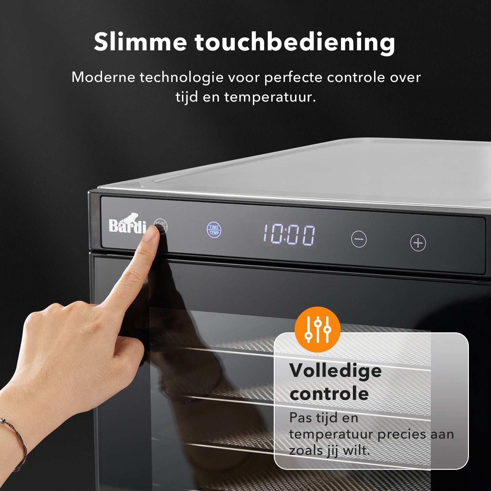 Bardi Voedseldroger 6-laags 650W RVS - 24-uurs timer - led-bedieningspaneel - incl. 6 inlegvellen en voedseltang