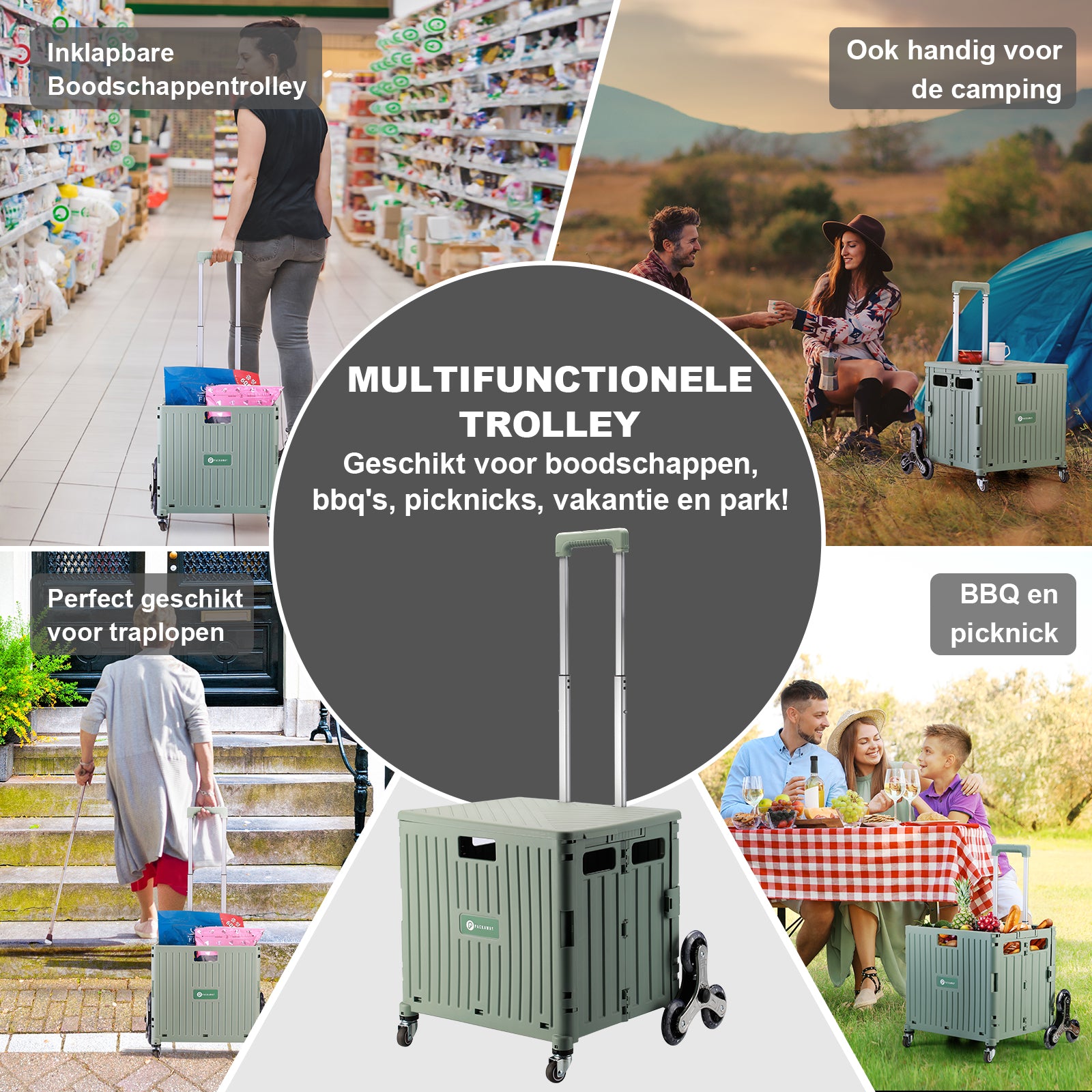 Shopping trolley 50L XL with green pedal wheels - shopping crate - 35 kg load capacity - with lid and telescopic handle