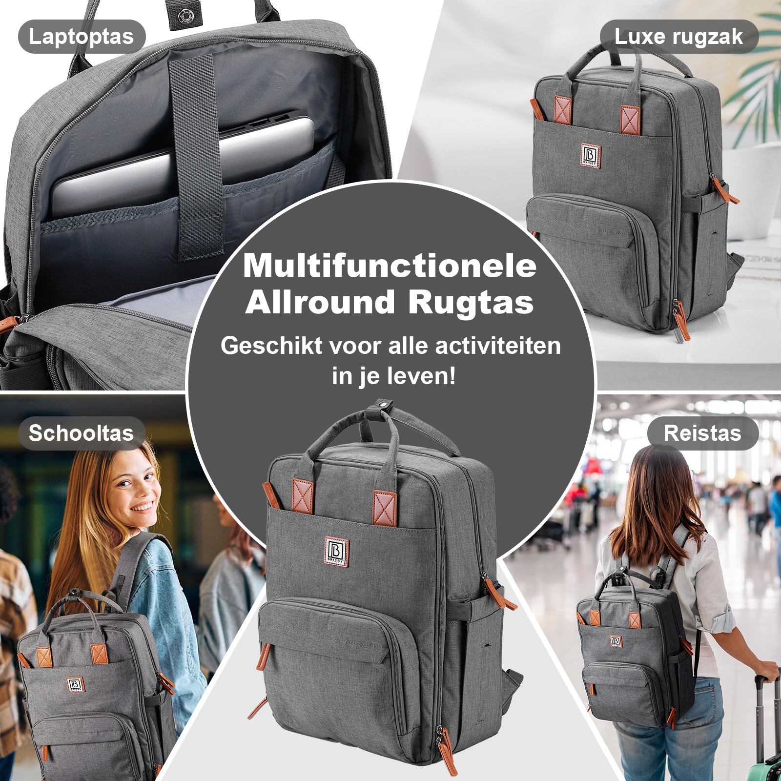 Brisby Rugzak voor Dames & Heren – Comfortabele, Waterafstotende Rugtas met Laptopvak, perfect als Schooltas, Werktas & voor op Reis. Geschikt als handbagage. Levenslange Garantie! - Donkergrijs