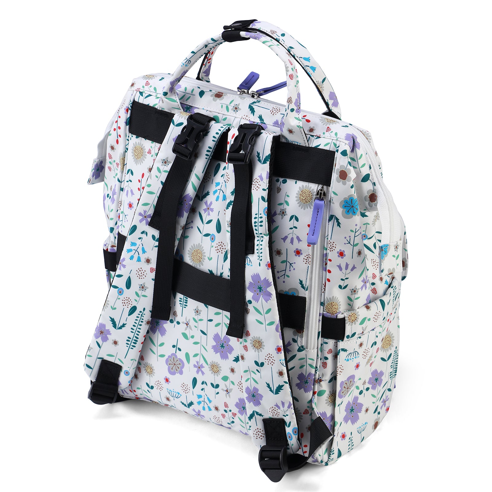 Stayopen luiertas purple flower - Verzorgingstas - stay-open frame - USB oplaadfunctie - incl. buggymontage en verschoonmat