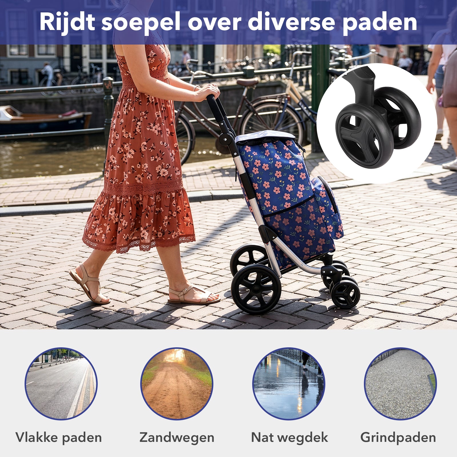 Packaway Boodschappentrolley met 4 wielen - boodschappenwagen deluxe met koelvak en verstelbaar handvat – 60 liter – Blue Blossom