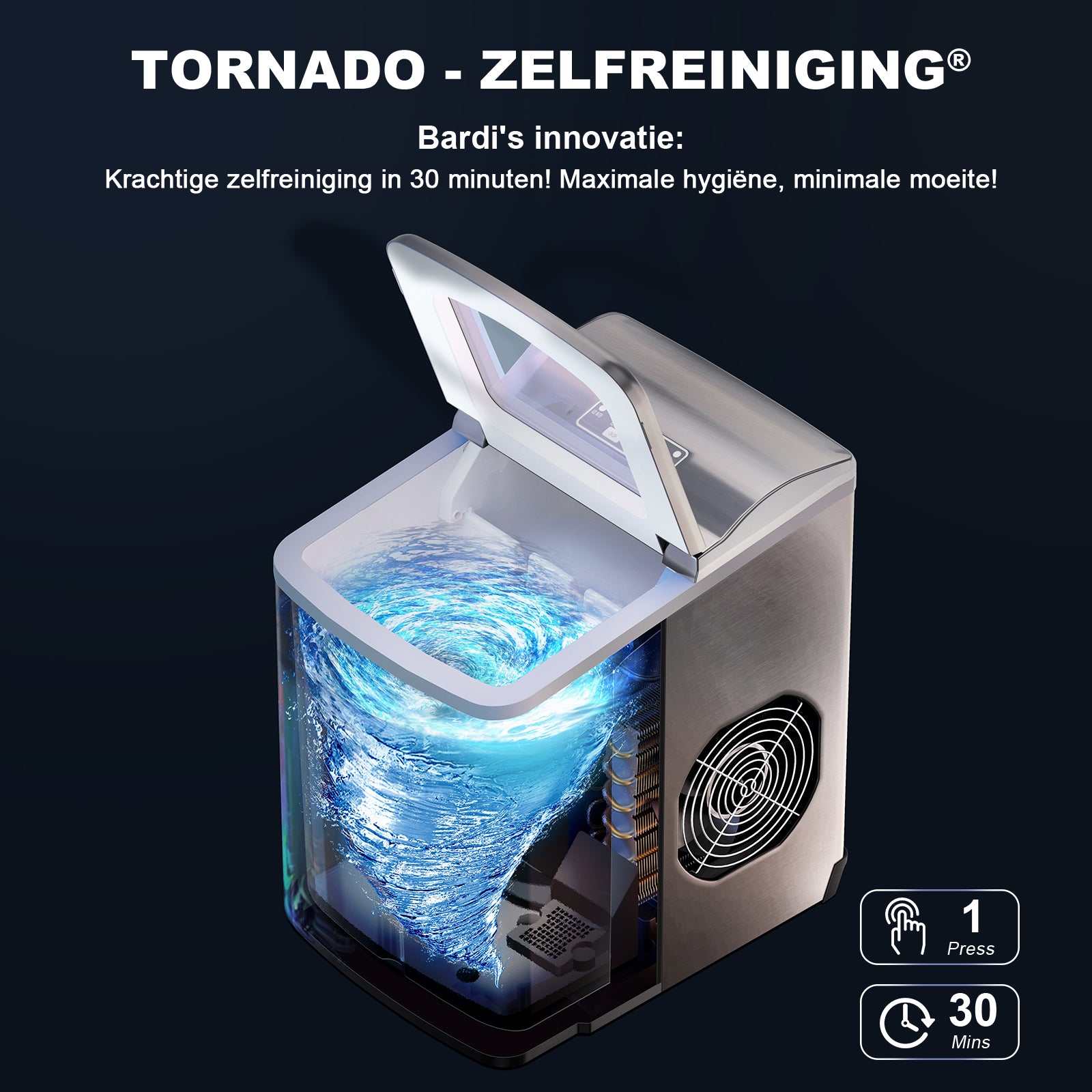 Bardi IJsblokjesmachine Set - 2 Liter - 12KG IJsblokjes in 24 uur - met IJsschep - Inclusief 1 Luxe Thermosbeker - RVS - Citruspers Zwart