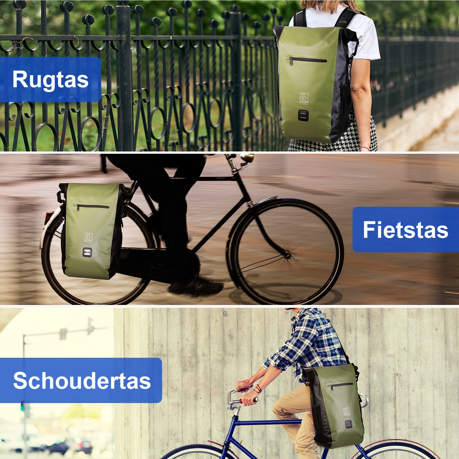 3 in 1 waterproof rolltop bicycle bag set 40-52L green - reflective - high visibility - bicycle bag - backpack - shoulder bag