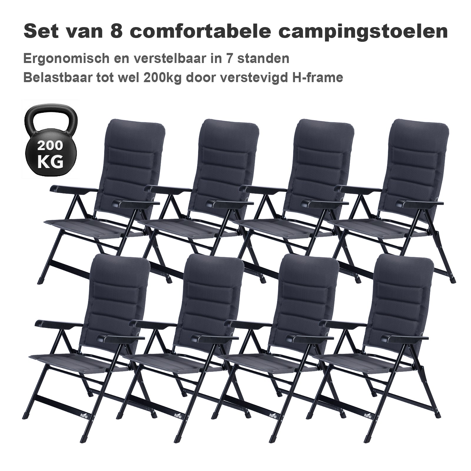 8-delige luxe campingstoelen set - 7 standen - 120 kg draagvermogen - lichtgewicht - grijs