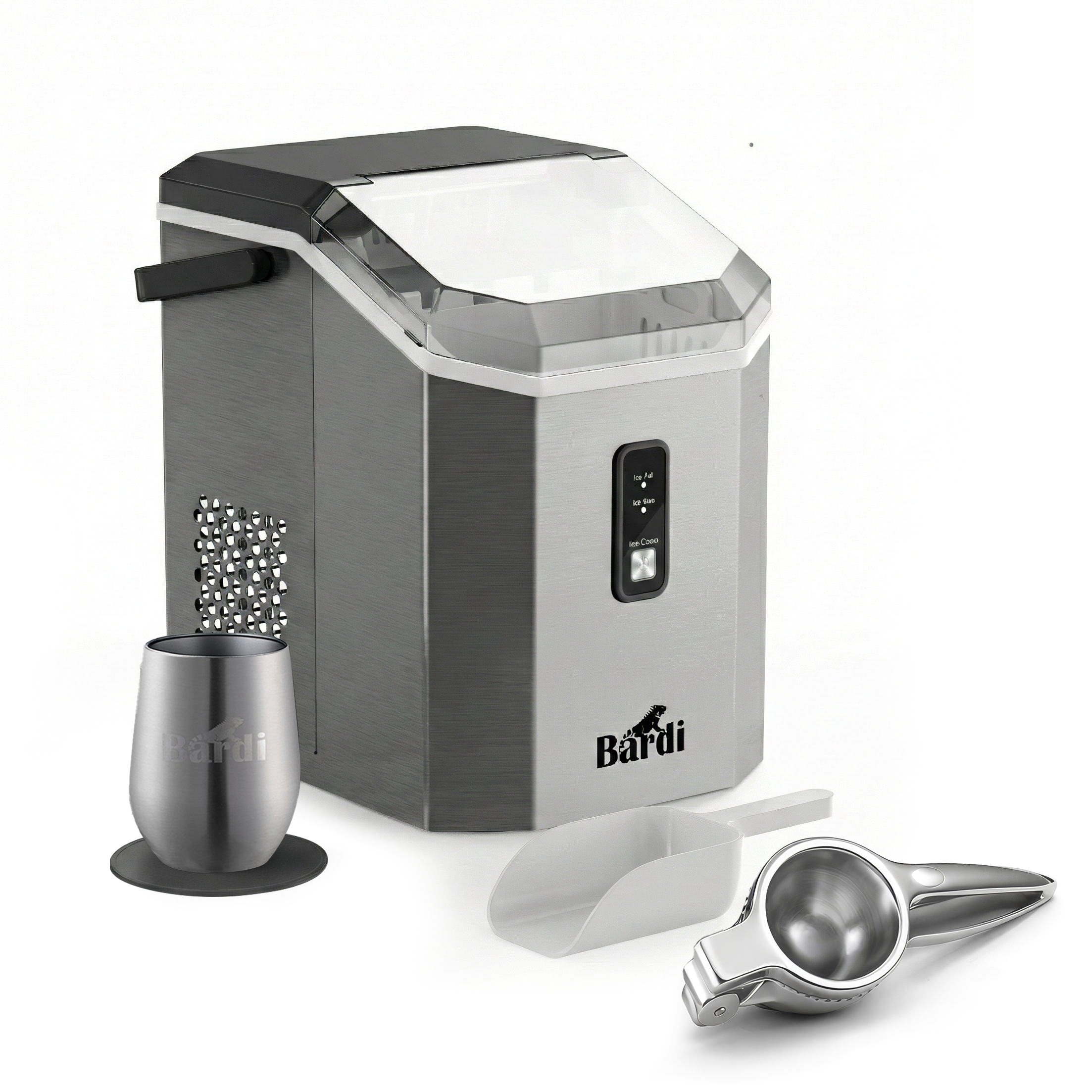 Bardi 1.1L - Nugget IJsblokjesmachine Square - Crushed Ice Maker met IJsschep - 15kg/24 uur - Ijsblokjesmaker - Met Luxe Thermosbeker - RVS met citruspers RVS