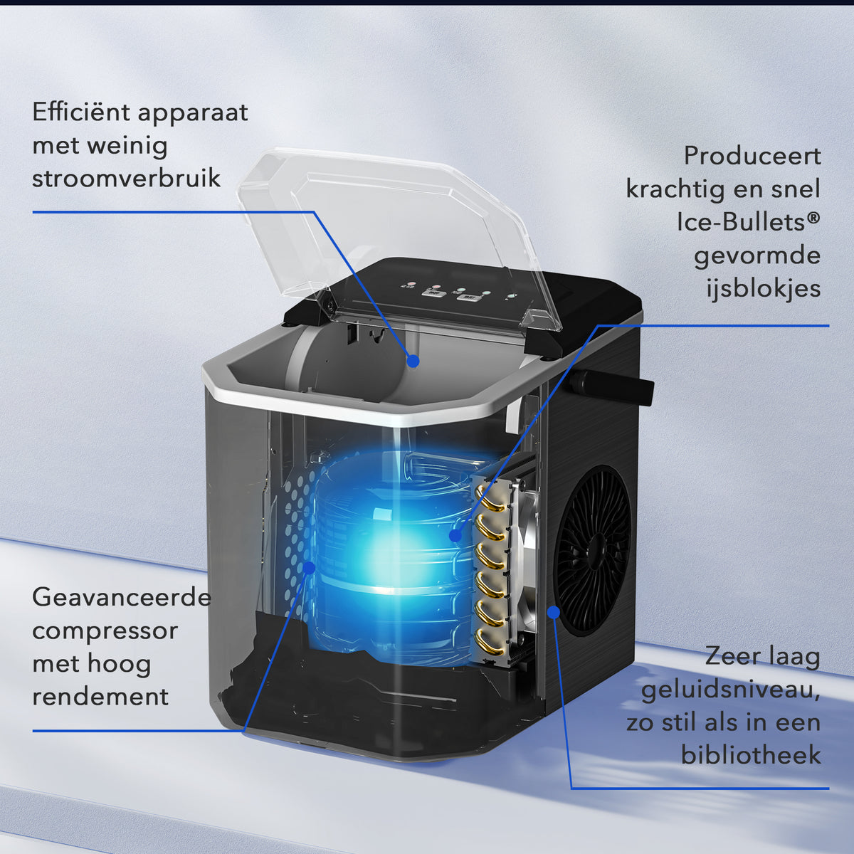 Bardi 1.3L Deluxe IJsblokjesmachine Square – IJsblokmaker Inclusief Luxe Thermosbeker en IJsschep – 9 Blokjes in 8 Minuten – Gunmetal
