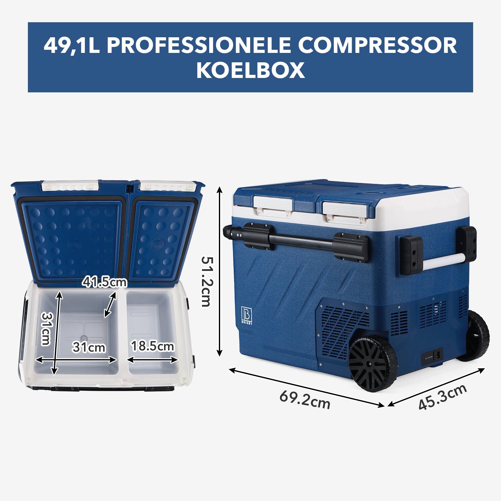 Compressor koelbox 49,1L - Dual zone - koelen en vriezen - 12V en 230V - verrijdbaar - incl. 2x 1,2L thermosbekers