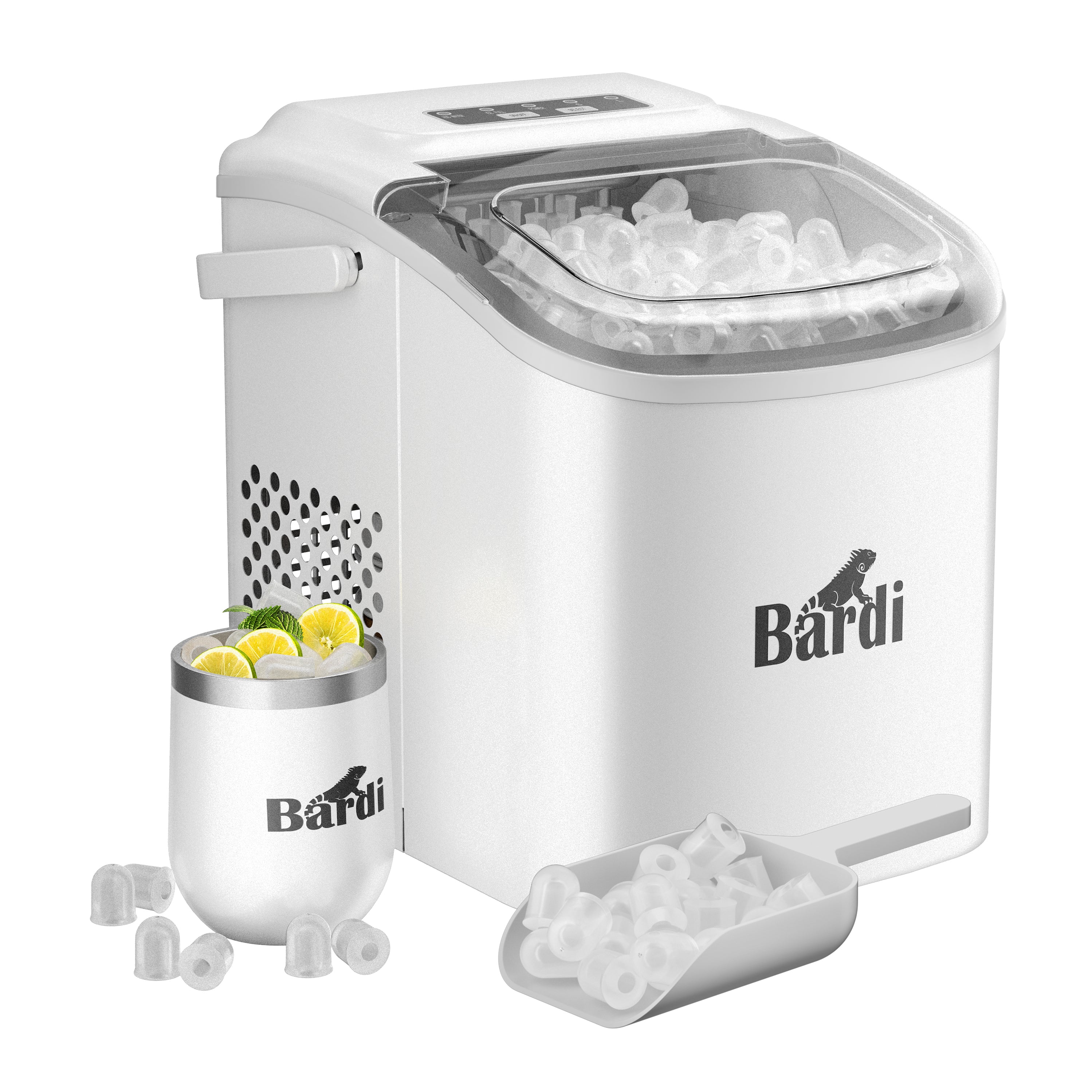 Bardi Deluxe Ice Cube Machine 1.2L white - Self-cleaning function - ice cube maker with ice scoop - Incl. luxury thermos cup and ice scoop
