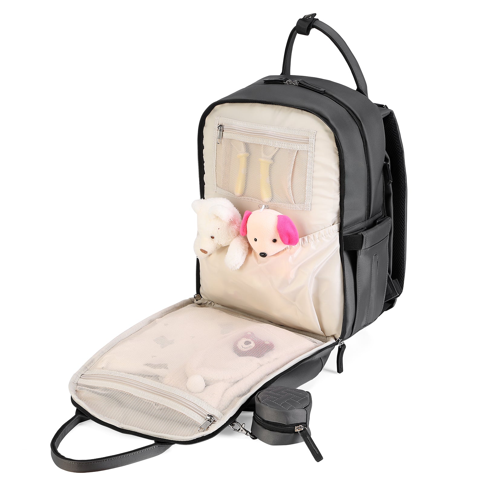 Premium luiertas donkergrijs - uitgebreide en functionele verzorgingstas - met buggymontage - anti diefstal vakken - reistrolley sleeve - incl. verschoonmatje en speenhouder - levenslange garantie