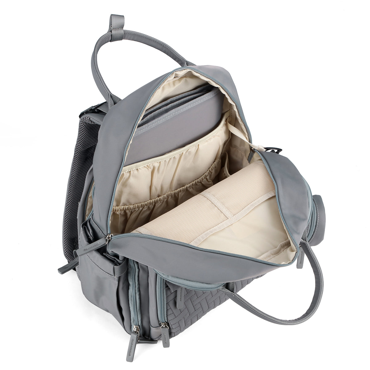 Brisby Premium Luiertas – Uitgebreide en Functionele Verzorgingstas – met buggymontage – Anti Diefstal Vakken - Reistrolley Sleeve - Inclusief verschoonmatje t.w.v.15,99 euro en speenhouder - Levenslange Garantie - Misty Grey