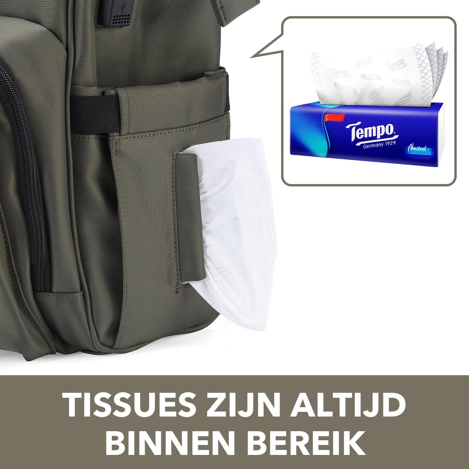 Stayopen changing bag green - nursing bag - stay-open frame - USB charging function - incl. buggy mounting and changing mat
