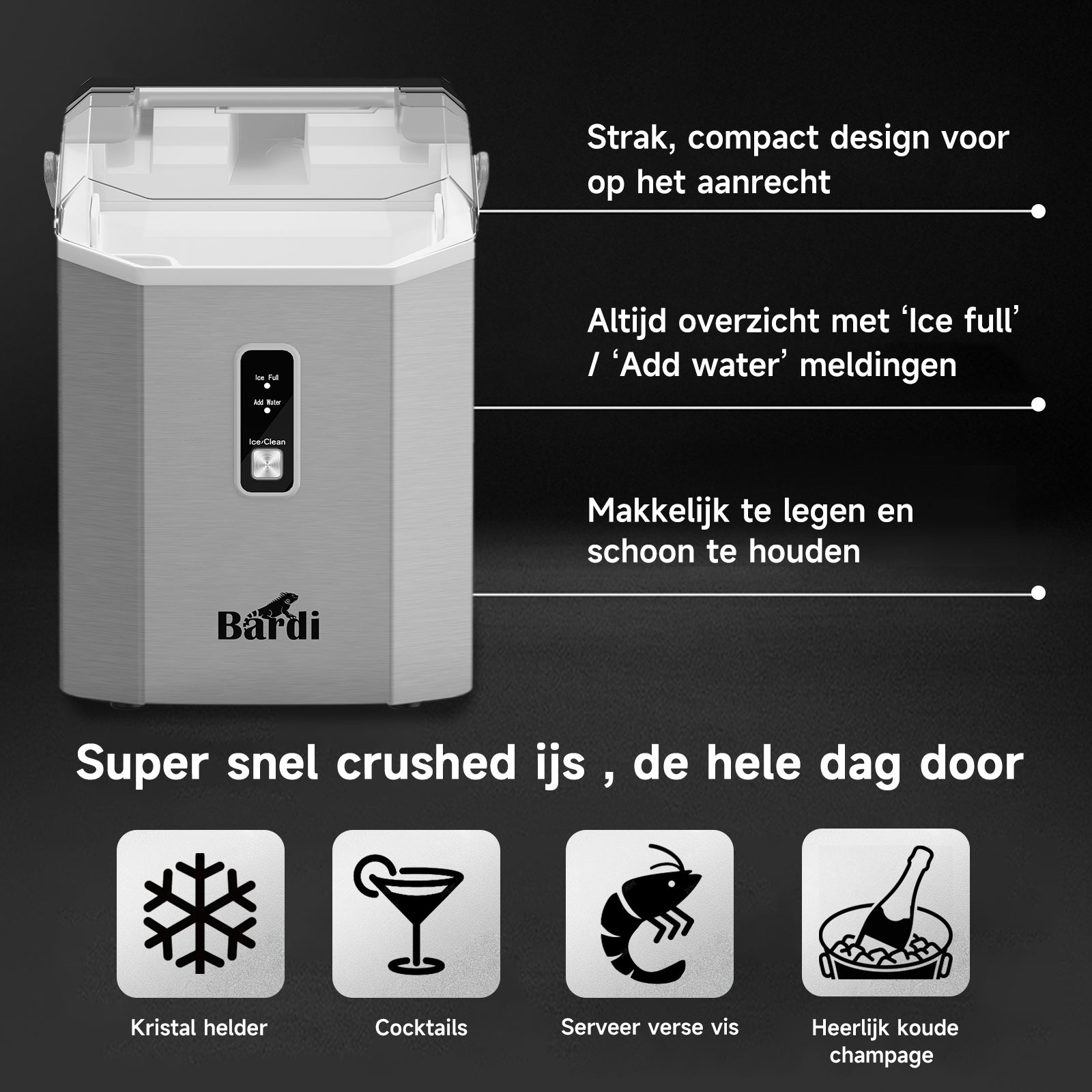 Bardi 1.1L - Nugget IJsblokjesmachine Square - Crushed Ice Maker met IJsschep - 15kg/24 uur - Ijsblokjesmaker - Met Luxe Thermosbeker - RVS met citruspers RVS