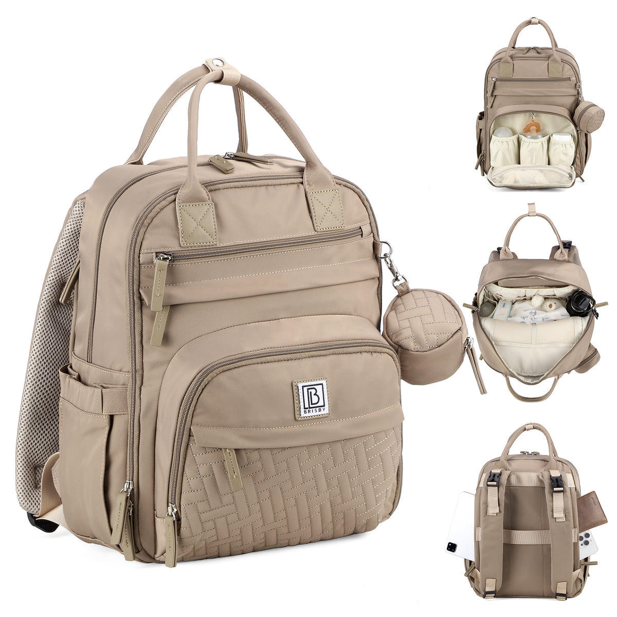 Brisby Premium Luiertas – Uitgebreide en Functionele Verzorgingstas – met buggymontage – Anti Diefstal Vakken - Reistrolley Sleeve - Inclusief verschoonmatje t.w.v.15,99 euro en speenhouder - Levenslange Garantie - Natural Greige