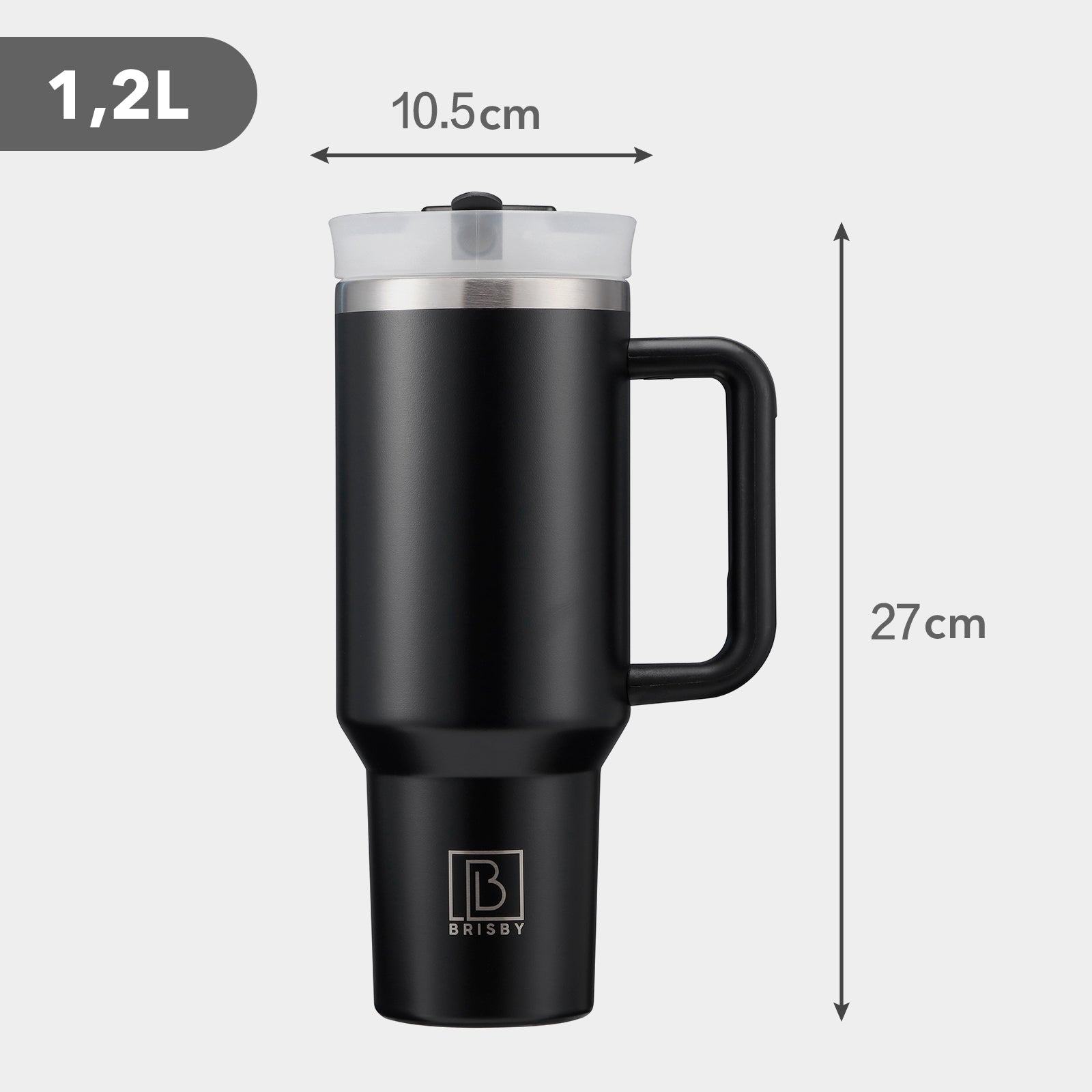 Brisby 1.2L RVS Thermosbeker met Handvat – Grote Tumbler met Flip Straw – Drinkfles voor Koffie, Thee of Water – Thermosfles Auto & Outdoor – Zwart
