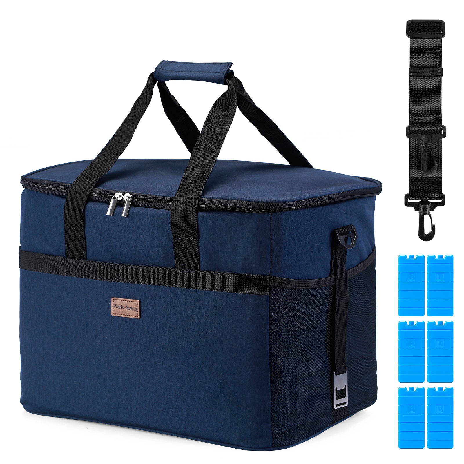 Cooler bag 40L dark blue - lunch bag - foldable - 4-layer insulated - incl. 6 free cooling elements and carrying strap