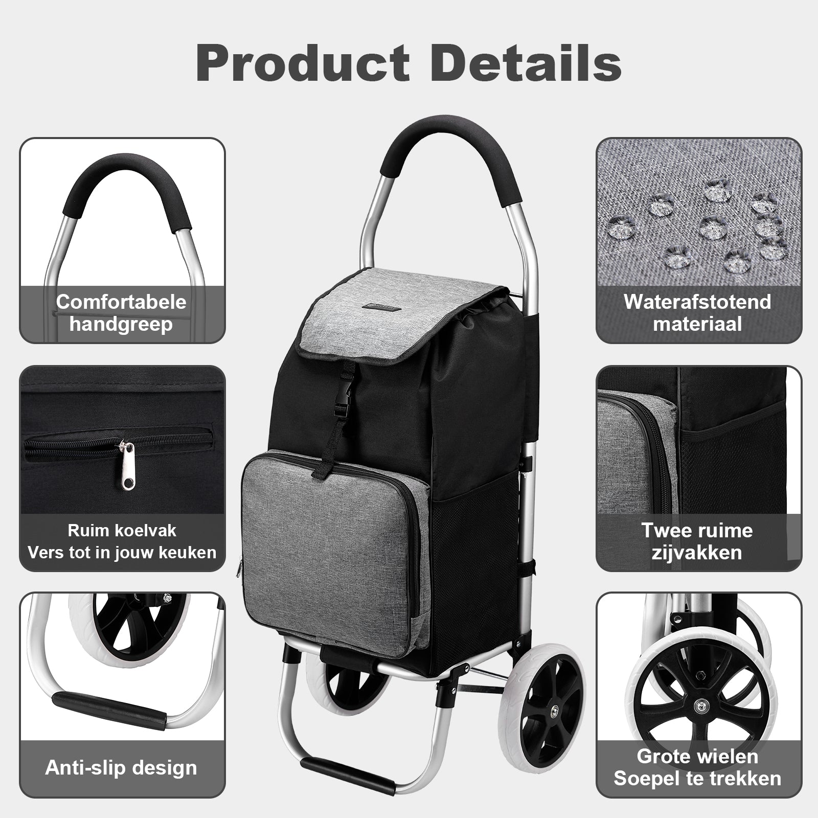 Shopping trolley 45L black and grey - shopping trolley suspension - foldable - telescopic handle