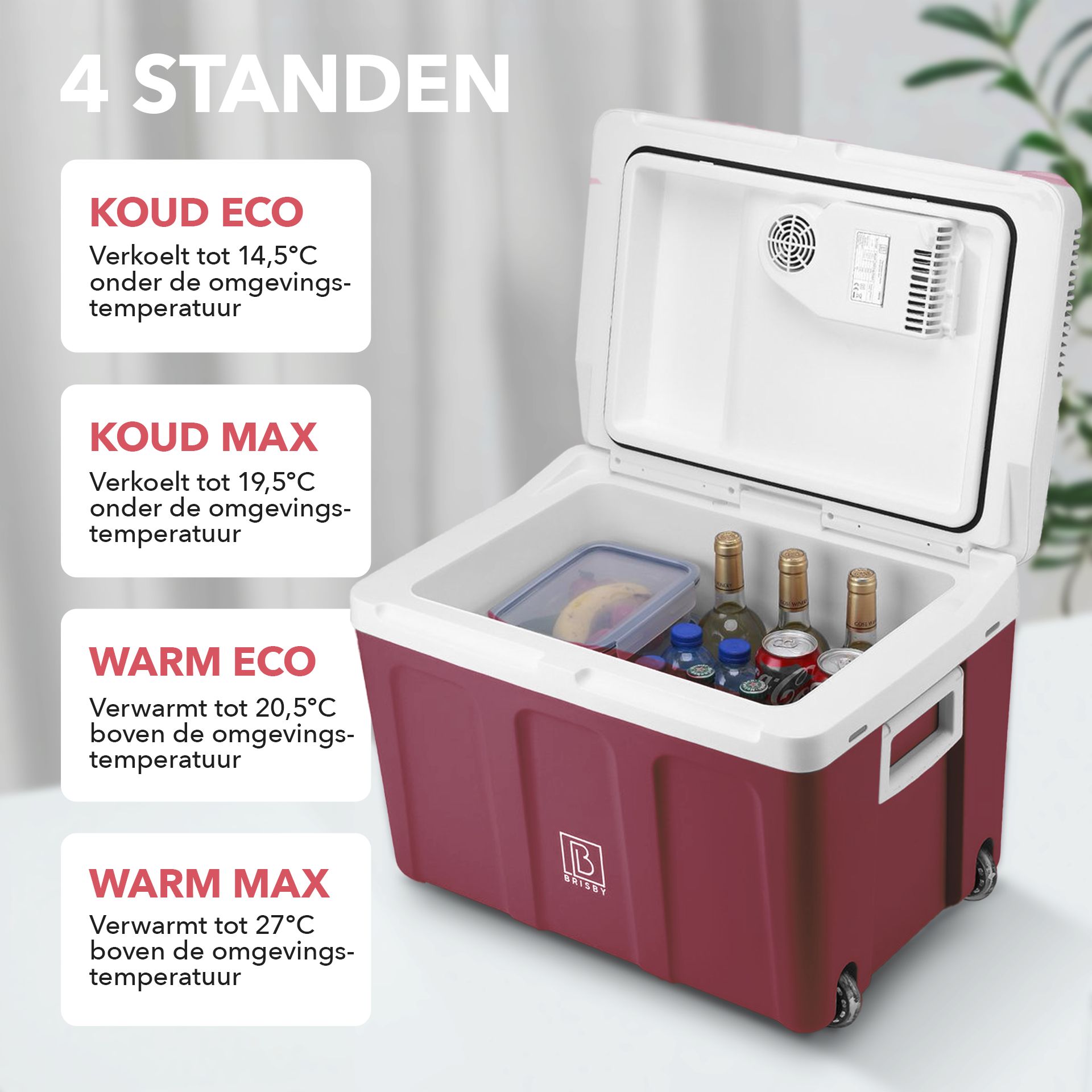 Elektrische koelbox 40L rood SET - Incl. 8L passieve koelbox - incl. divider en koelelementen - AC/DC 12V, 220/230V