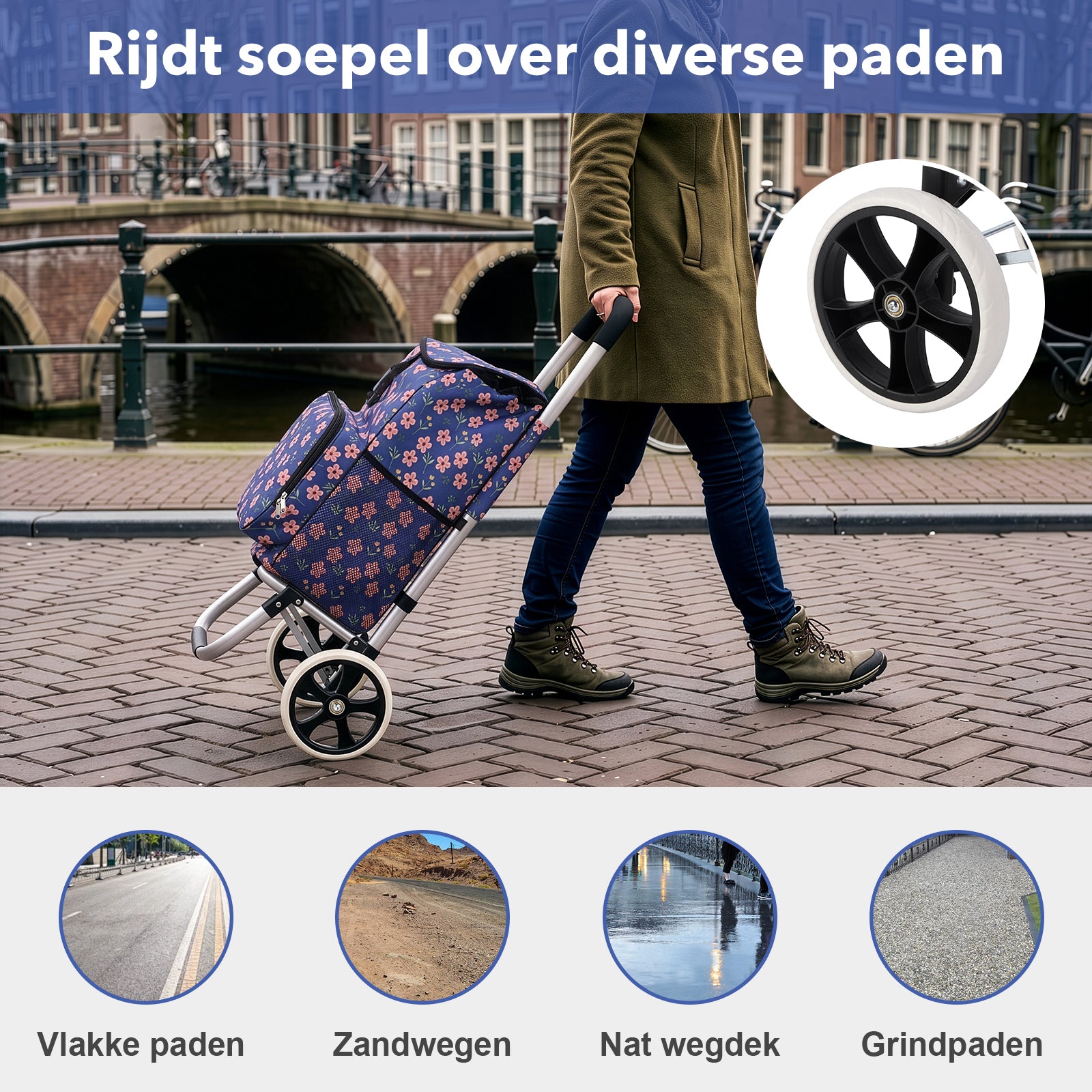 Packaway Boodschappentrolley 45L met Koelvak - Boodschappenwagen met Grote Wielen - Steekwagenfunctie - Waterafstotend - Blue Blossom