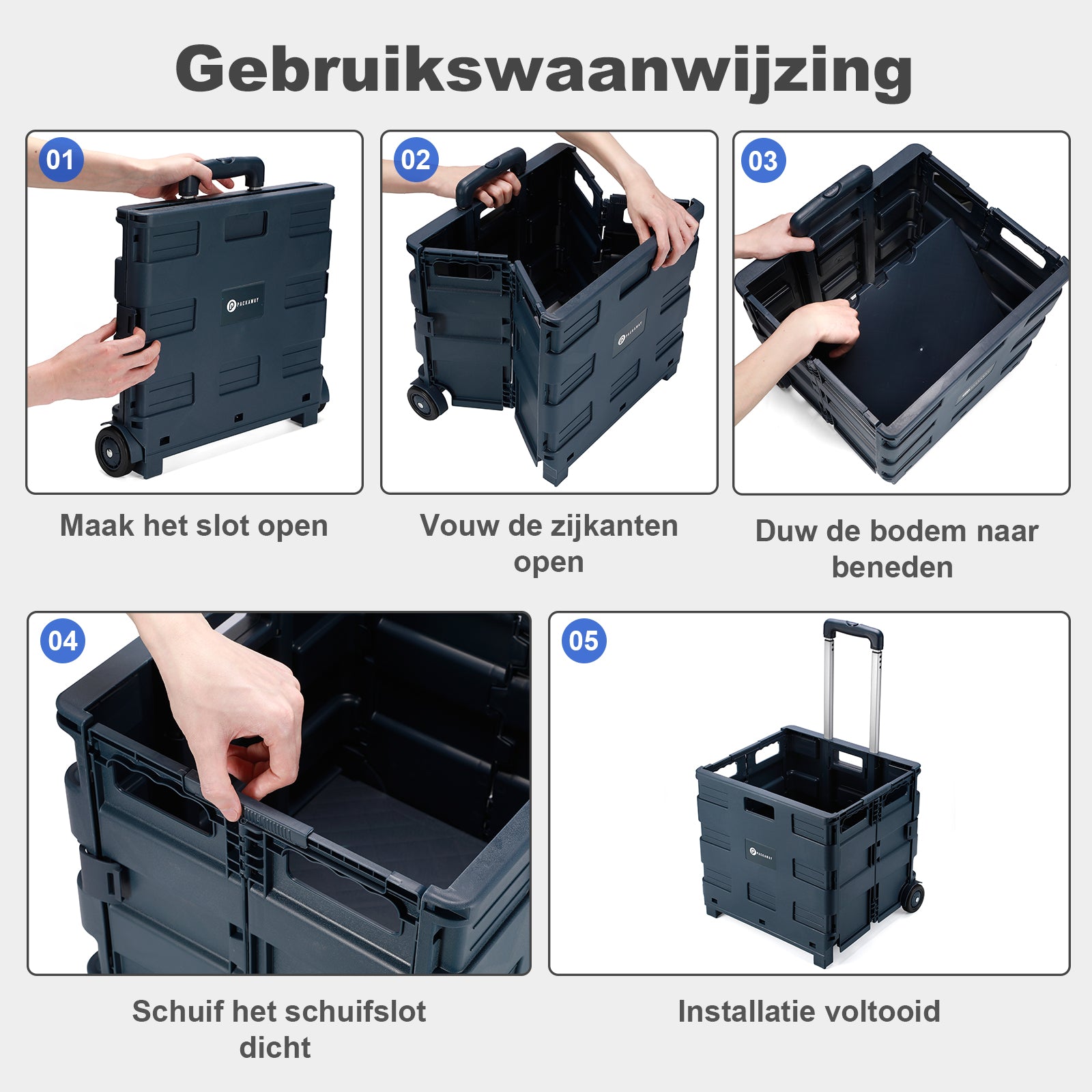 Packaway XL Foldable Shopping Trolley with wheels - Shopping crate - Storage box - Shopping trolley - Folding crate - 50 Liters - Blue