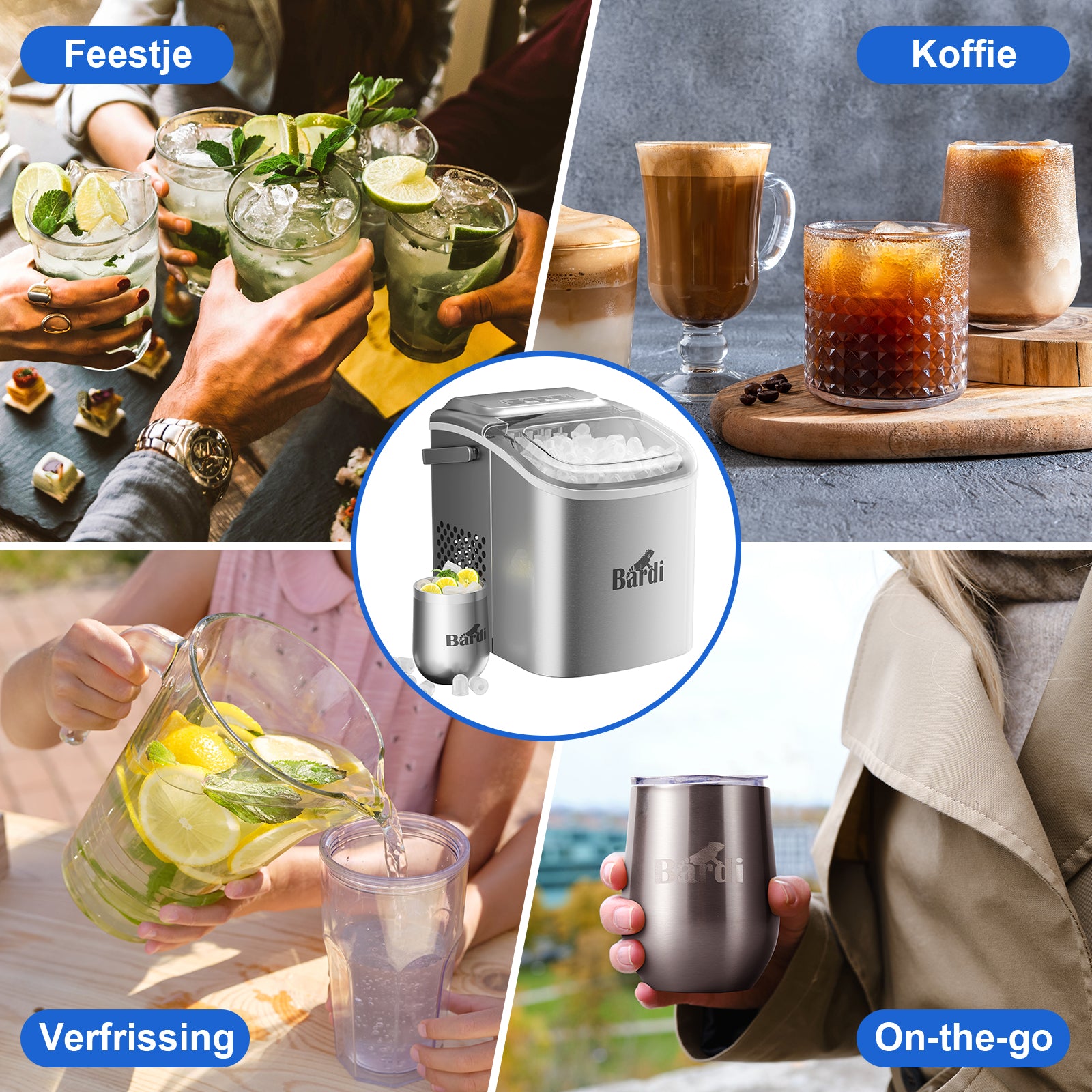 Bardi Deluxe Ice Cube Machine 1.2L Stainless Steel - Self-cleaning function - Ice cube maker with ice scoop - Incl. luxury thermos cup and ice scoop