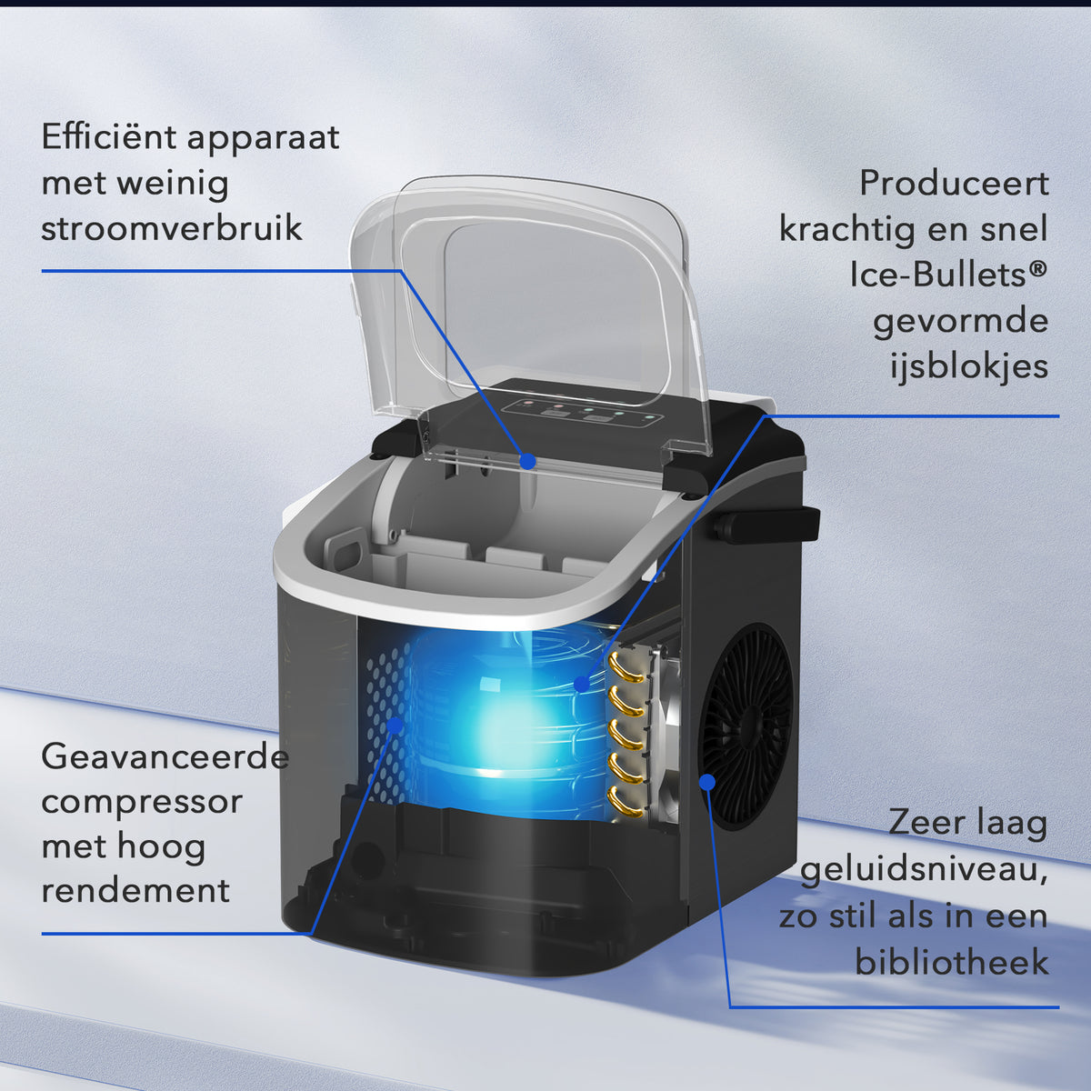 Bardi 1.2L Deluxe IJsblokjesmachine – IJsblokmaker Inclusief Luxe Thermosbeker en IJsschep – 9 Blokjes in 8 Minuten – Gunmetal Zwart