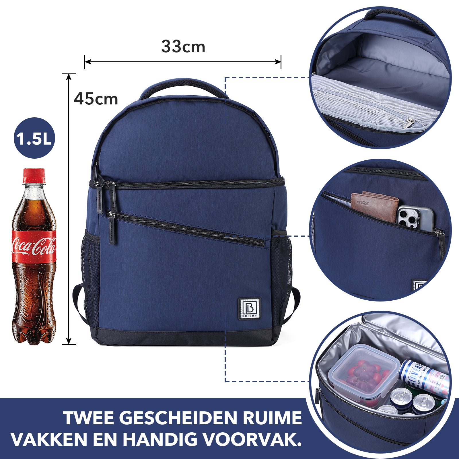 Brisby Koeltas 25L blauw - rugzak - 4-laags geïsoleerd - waterafstotend - incl. 2 gratis koelelementen en bieropener