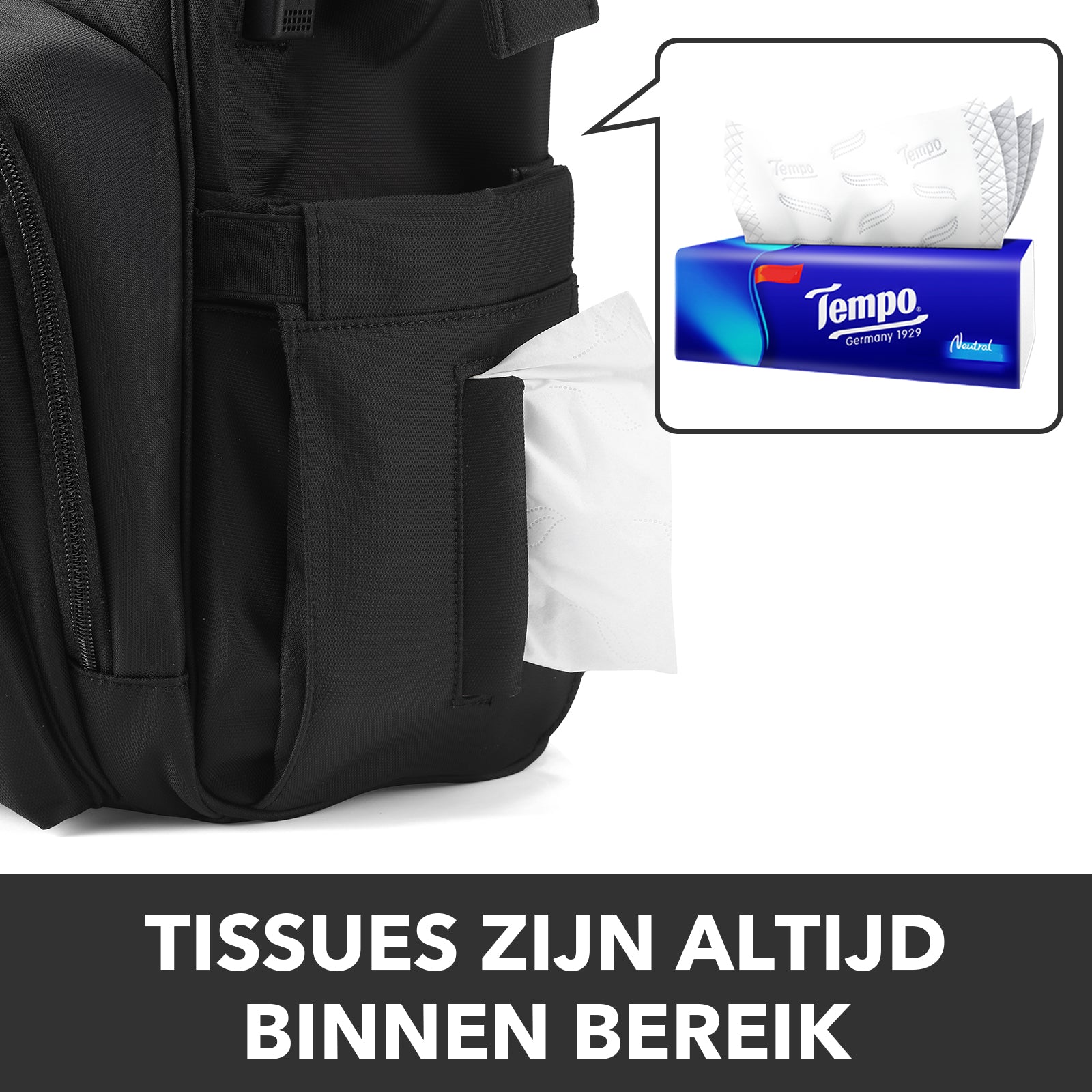 Stayopen luiertas zwart - Verzorgingstas - stay-open frame - USB oplaadfunctie - incl. buggymontage en verschoonmat