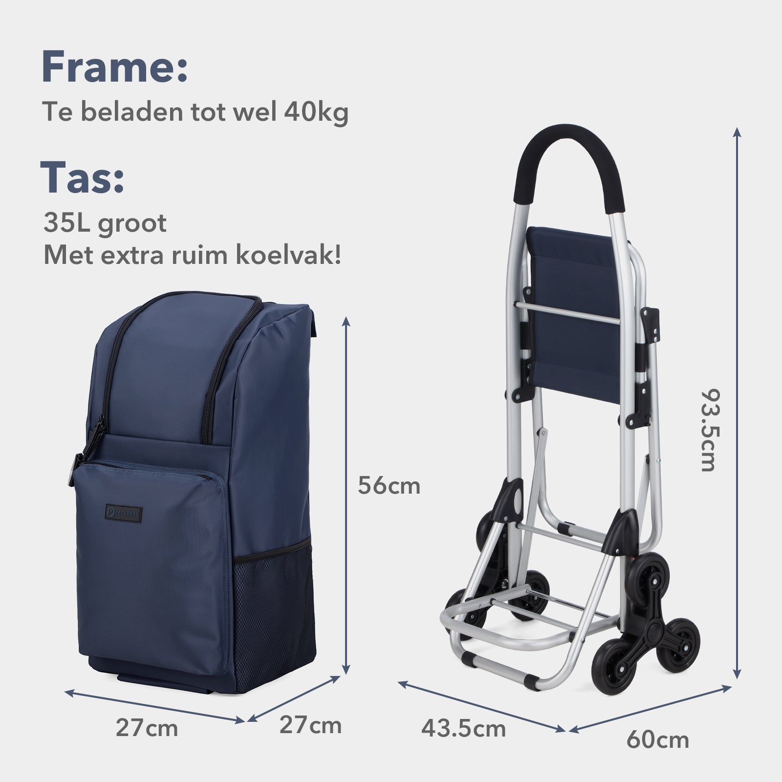 Packaway 35L Boodschappentrolley met 6 Wielen voor Trappen - Klapstoel Functie - Steekwagen Functie - Geïsoleerd - Afneembare Rugzak - Blauw