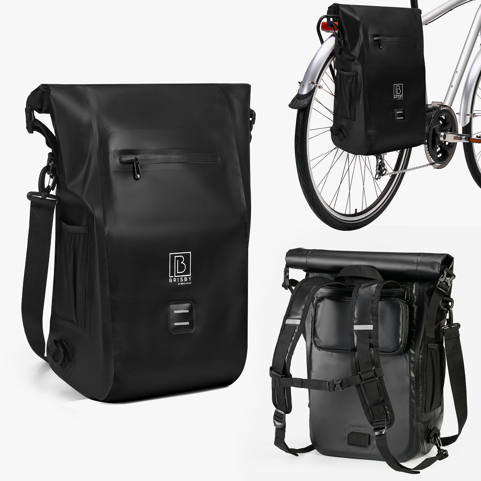 3 in 1 waterproof rolltop bicycle bag set 40-52L black - reflective - high visibility - bicycle bag - backpack - shoulder bag