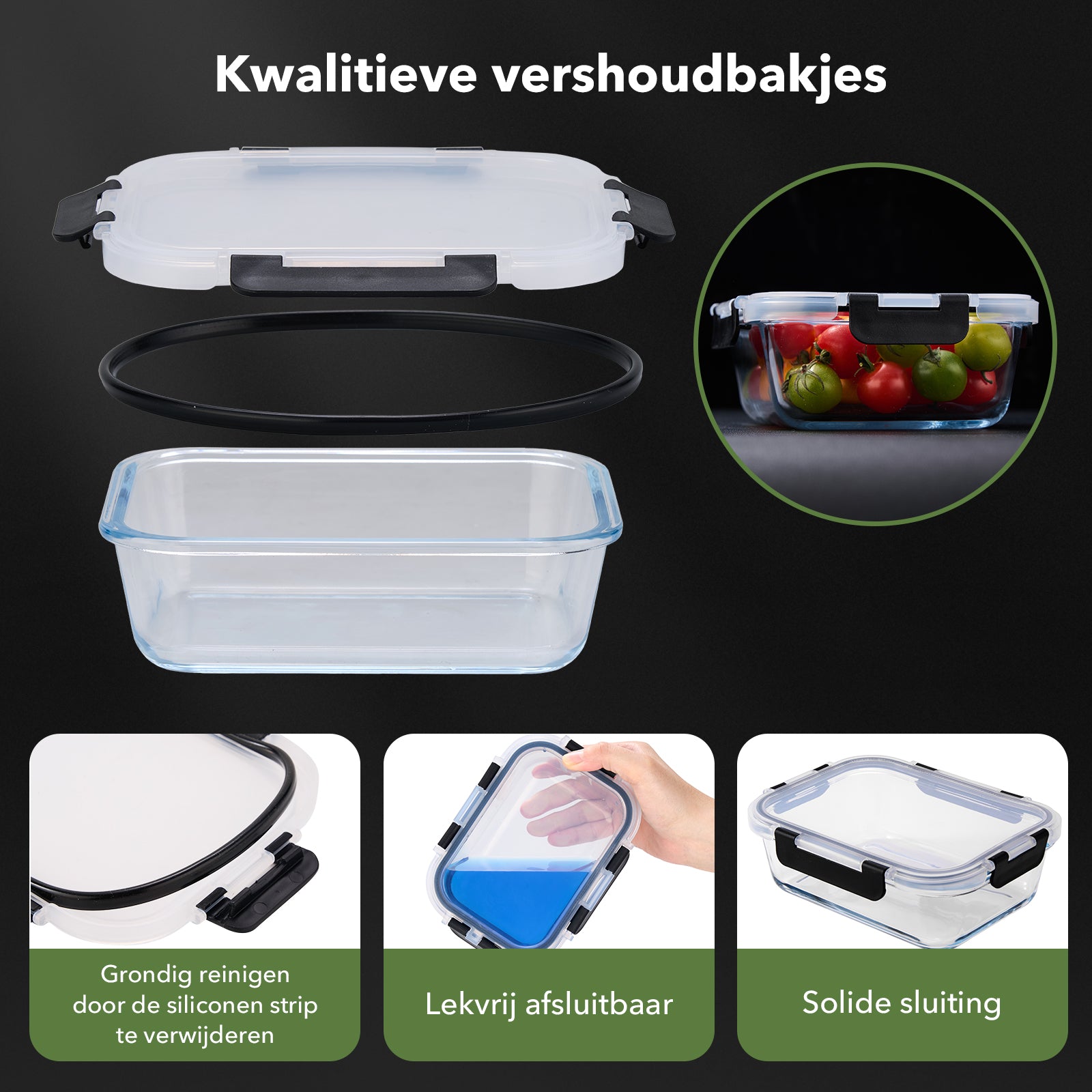 BARDI 5 Delige Glazen Meal Prep Bakjes Inclusief 10 Stuks Wonderspons - Glazen Vershoudbakjes - Glazen Opbergbakken - Diepvriesbakken - Luchtdicht - BPA Vrij - 1060ML - Glas - Zwarte Clips