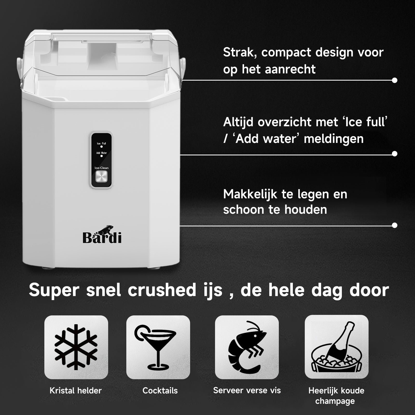 Bardi 1.1L - Nugget IJsblokjesmachine Square - Crushed Ice Maker met IJsschep - 15kg/24 uur - Ijsblokjesmaker - Met Luxe Thermosbeker - WIT met citruspers Zwart