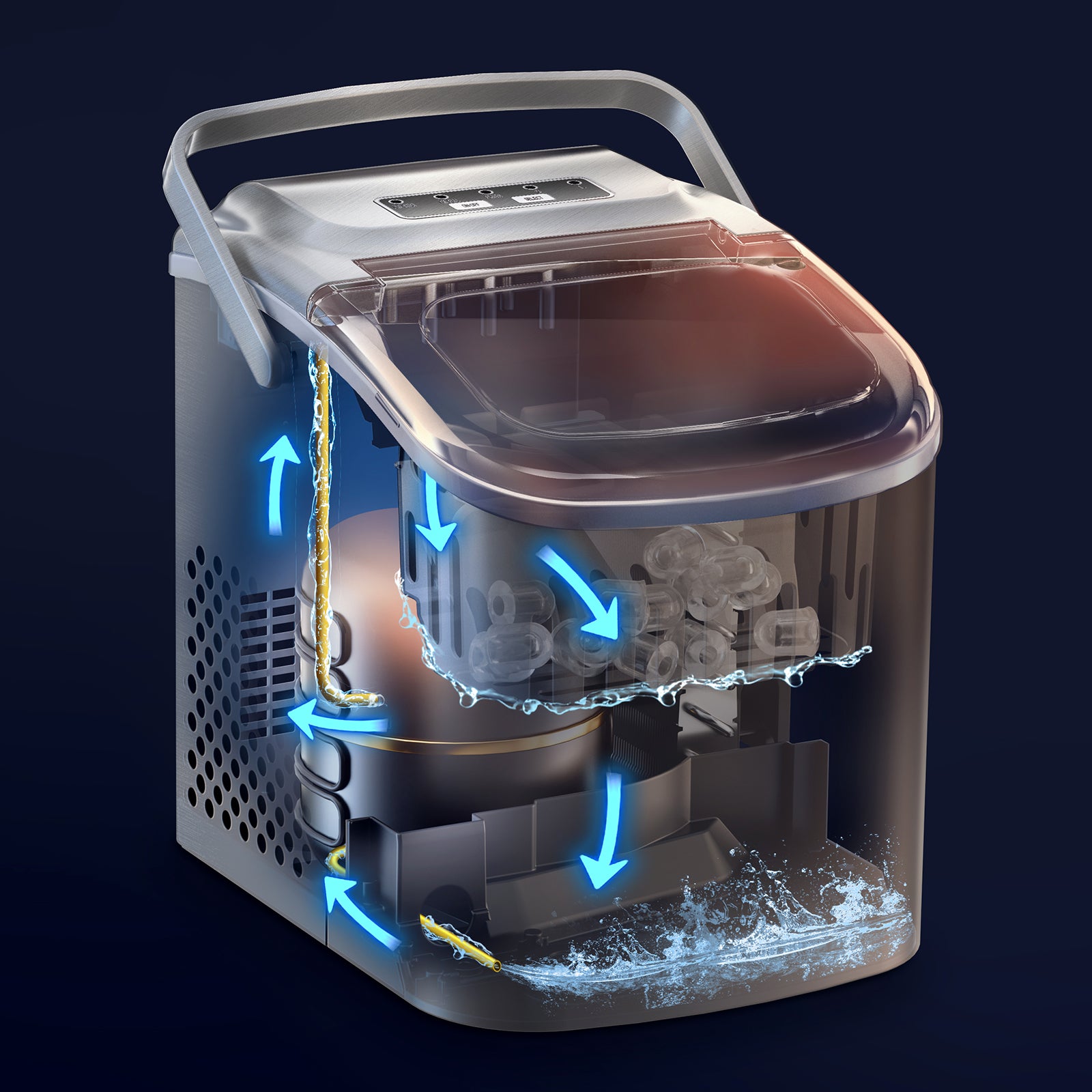 Bardi Deluxe Ice Cube Machine 1.2L Stainless Steel - Self-cleaning function - Ice cube maker with ice scoop - Incl. luxury thermos cup and ice scoop