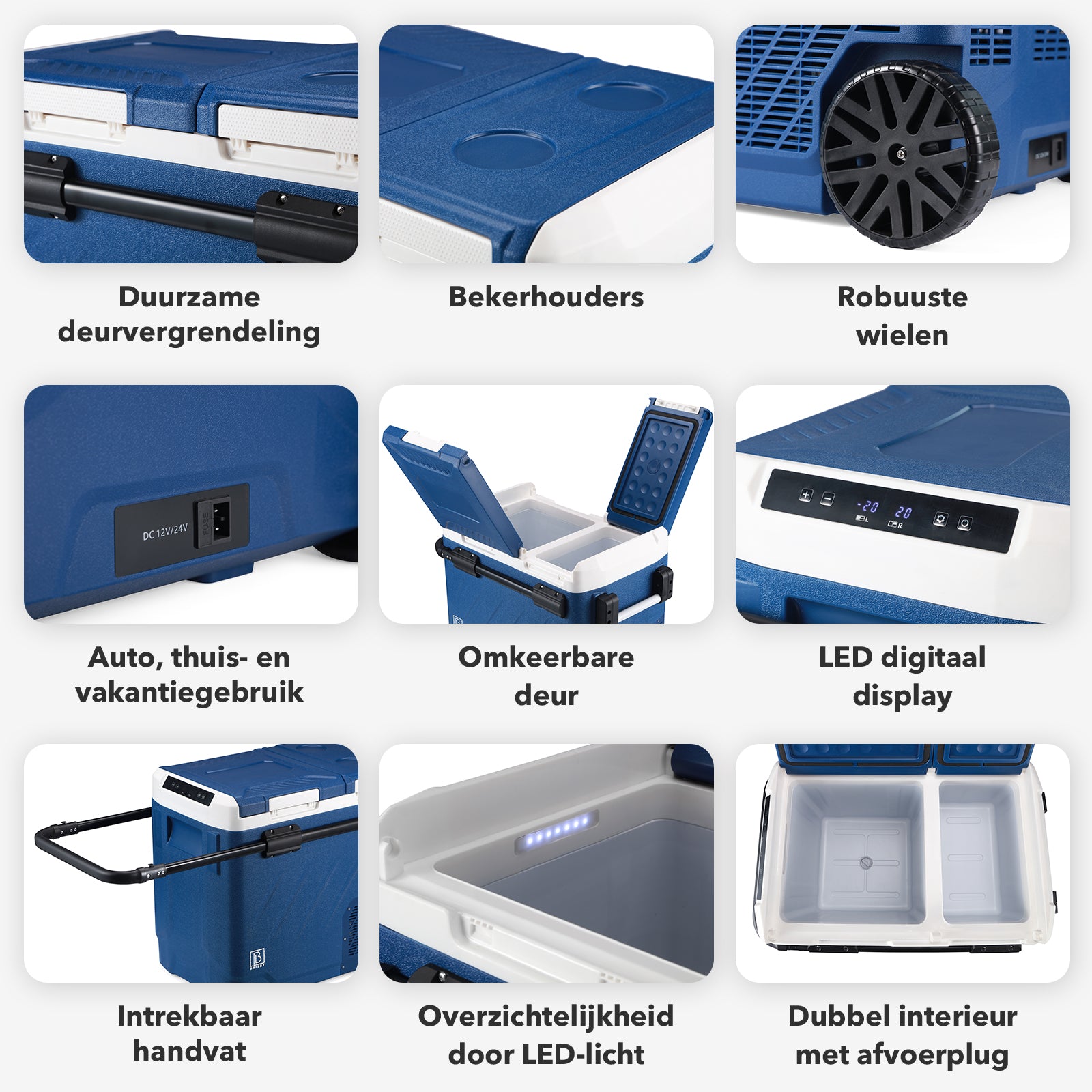 Compressor koelbox 58,1L en 8L koelbox blauw SET - Dual zone - koelen en vriezen - 12V en 230V - verrijdbaar - incl. 2x 1,2L thermosbekers