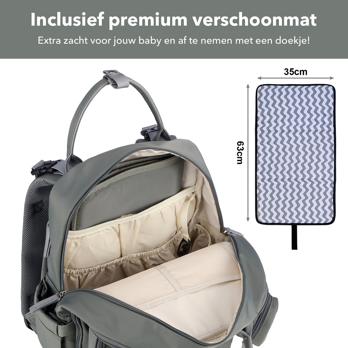 Brisby Premium Luiertas – Uitgebreide en Functionele Verzorgingstas – met buggymontage – Anti Diefstal Vakken - Reistrolley Sleeve - Inclusief verschoonmatje t.w.v.15,99 euro en speenhouder - Levenslange Garantie - Misty Green