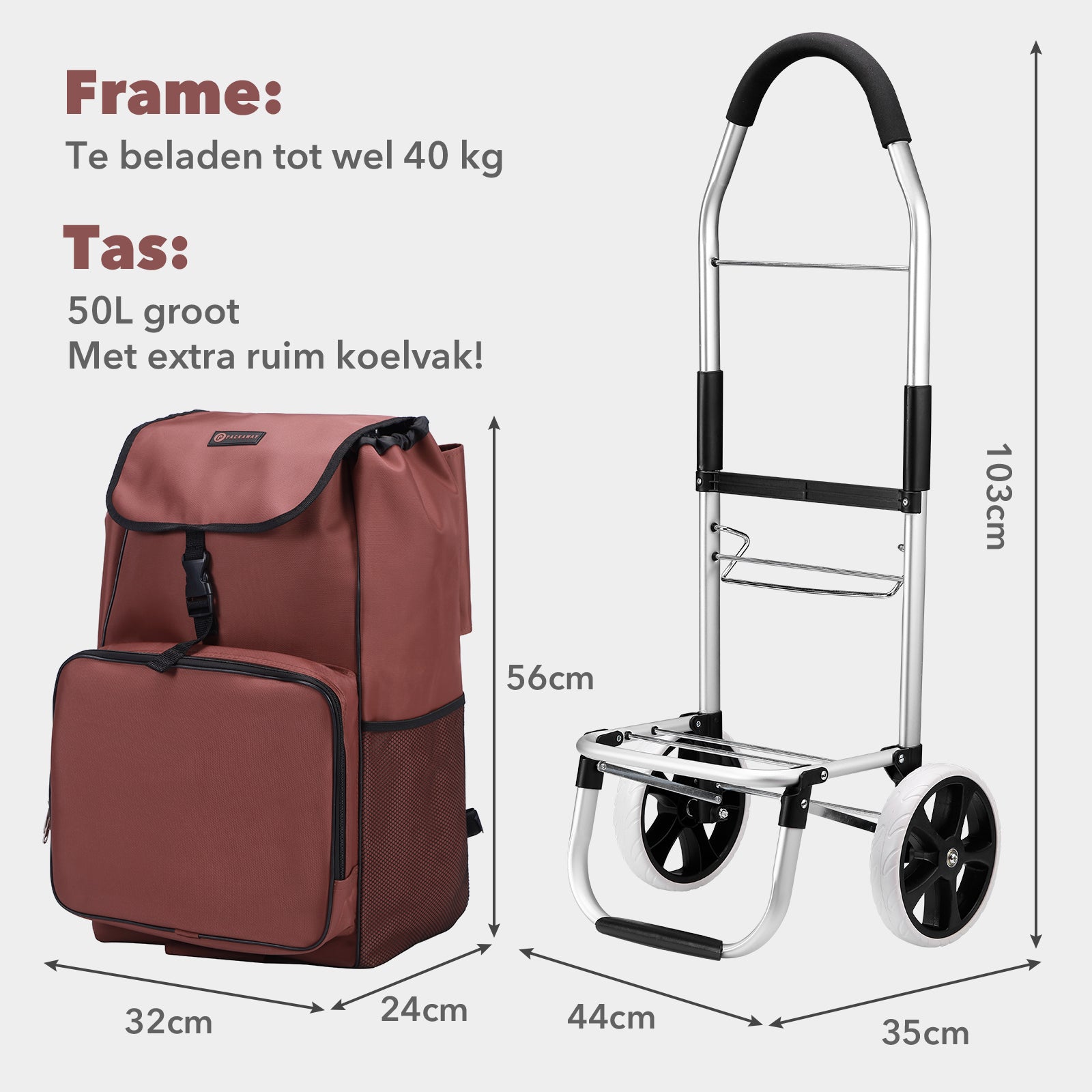 Boodschappentrolley Deluxe 50L met koelvak rood - boodschappenwagen - steekwagenfunctie