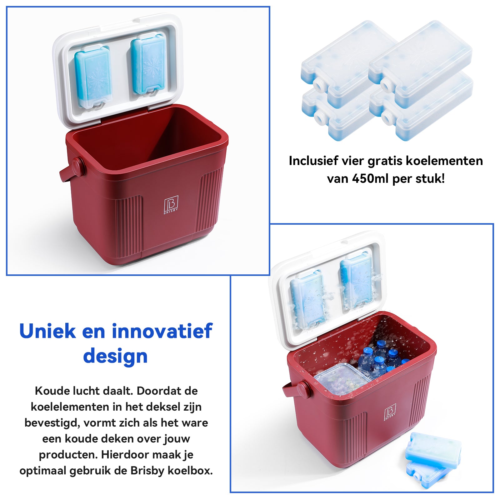 Koelbox 22L rood SET - Tot maximaal 40 uur isolatie - incl. 4 450ml koelelementen en 2 zwarte 500ml thermosflessen