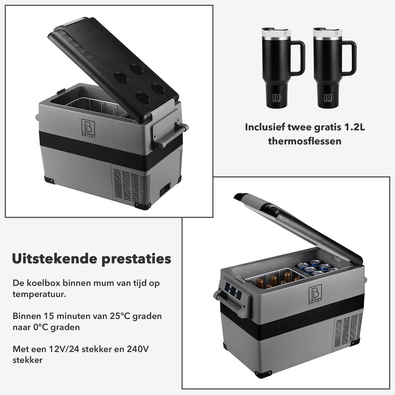 Compressor koelbox 40,5L - Dual zone - koelen en vriezen - 12V en 230V - incl. 2x 1,2L thermosbekers