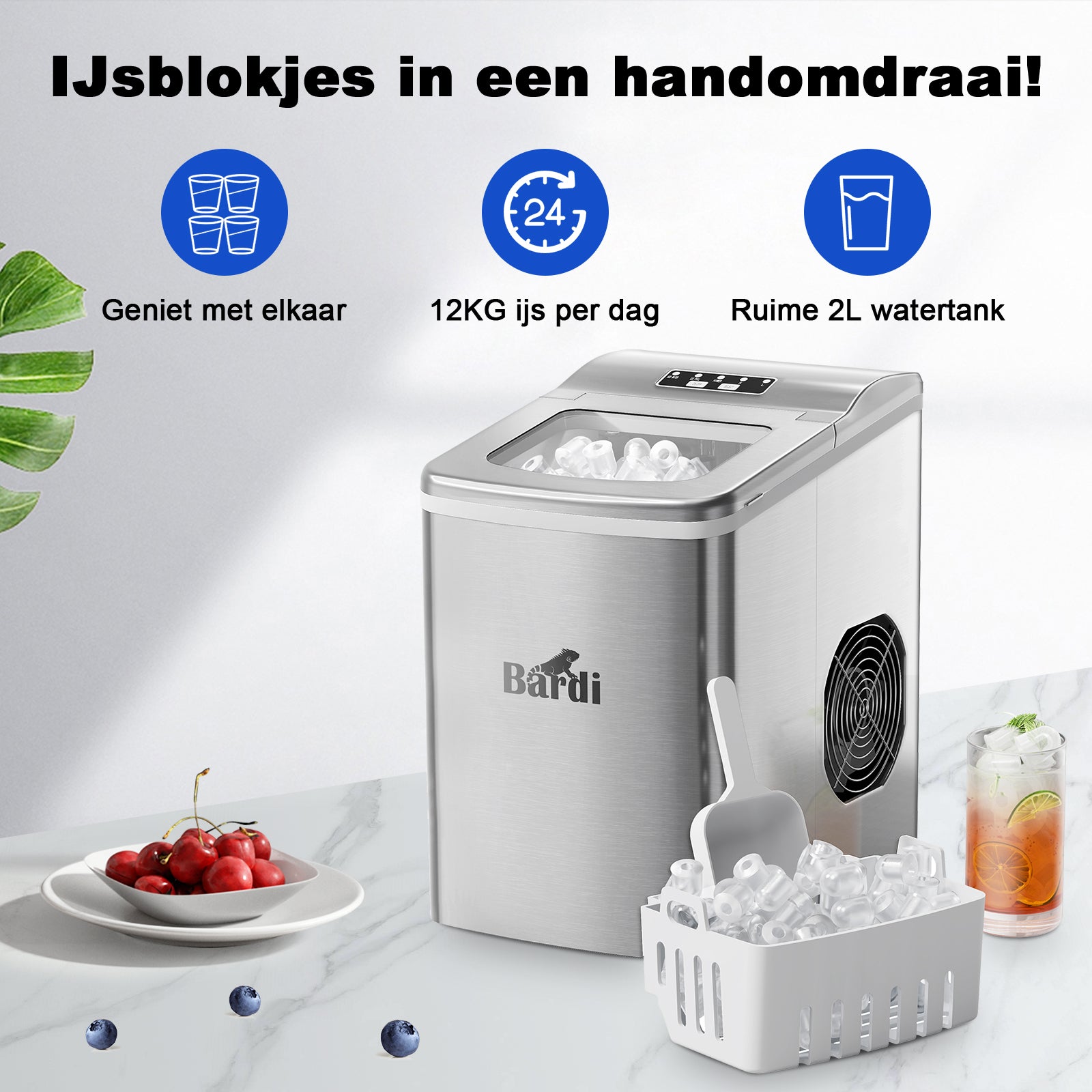 Bardi IJsblokjesmachine Set - 2 Liter - 12KG IJsblokjes in 24 uur - met IJsschep - Inclusief 1 Luxe Thermosbeker - RVS - Citruspers Zwart