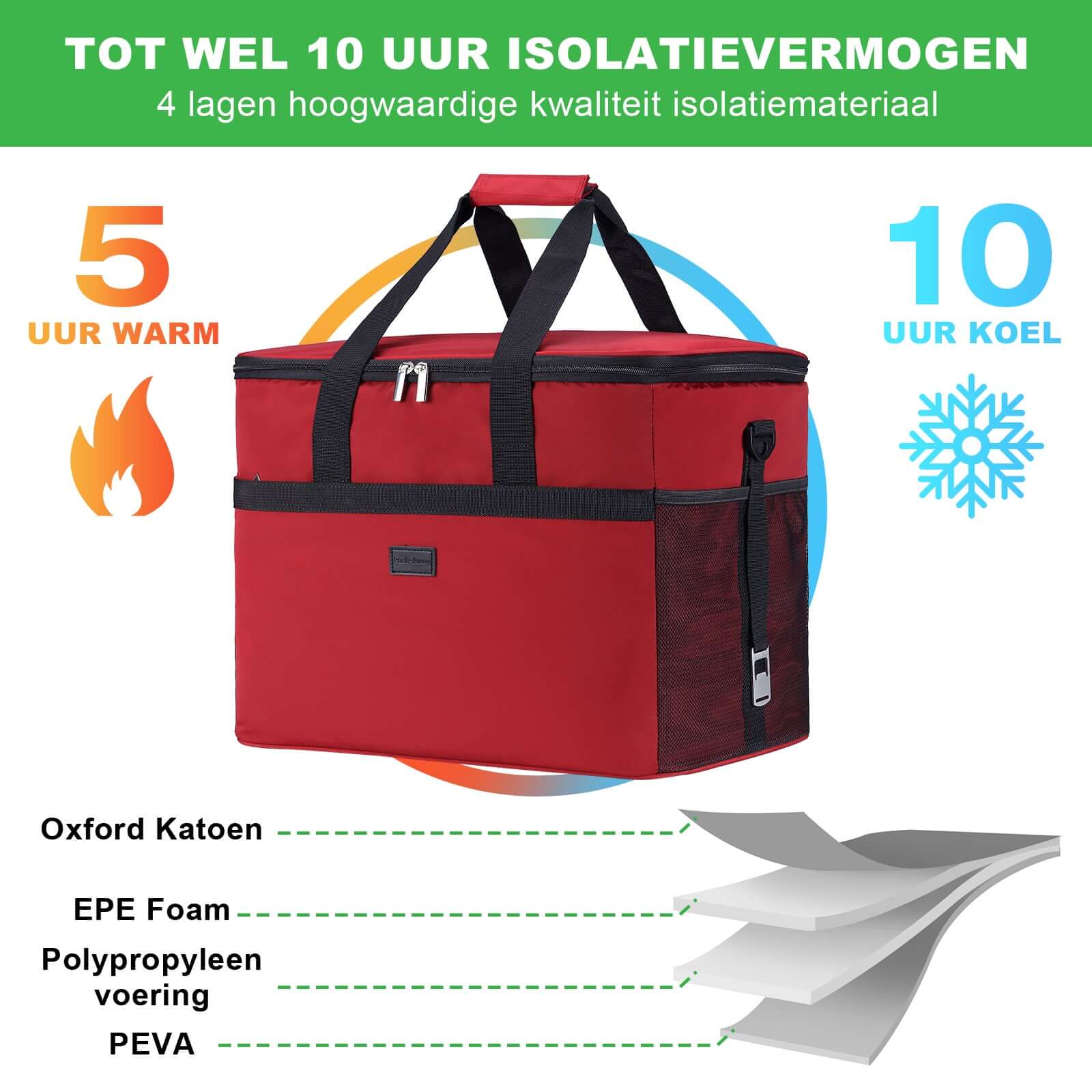 Koeltas 40L rood - Lunchtas - opvouwbaar - 4-laags geïsoleerd - incl. 4 gratis koelelementen en draagband