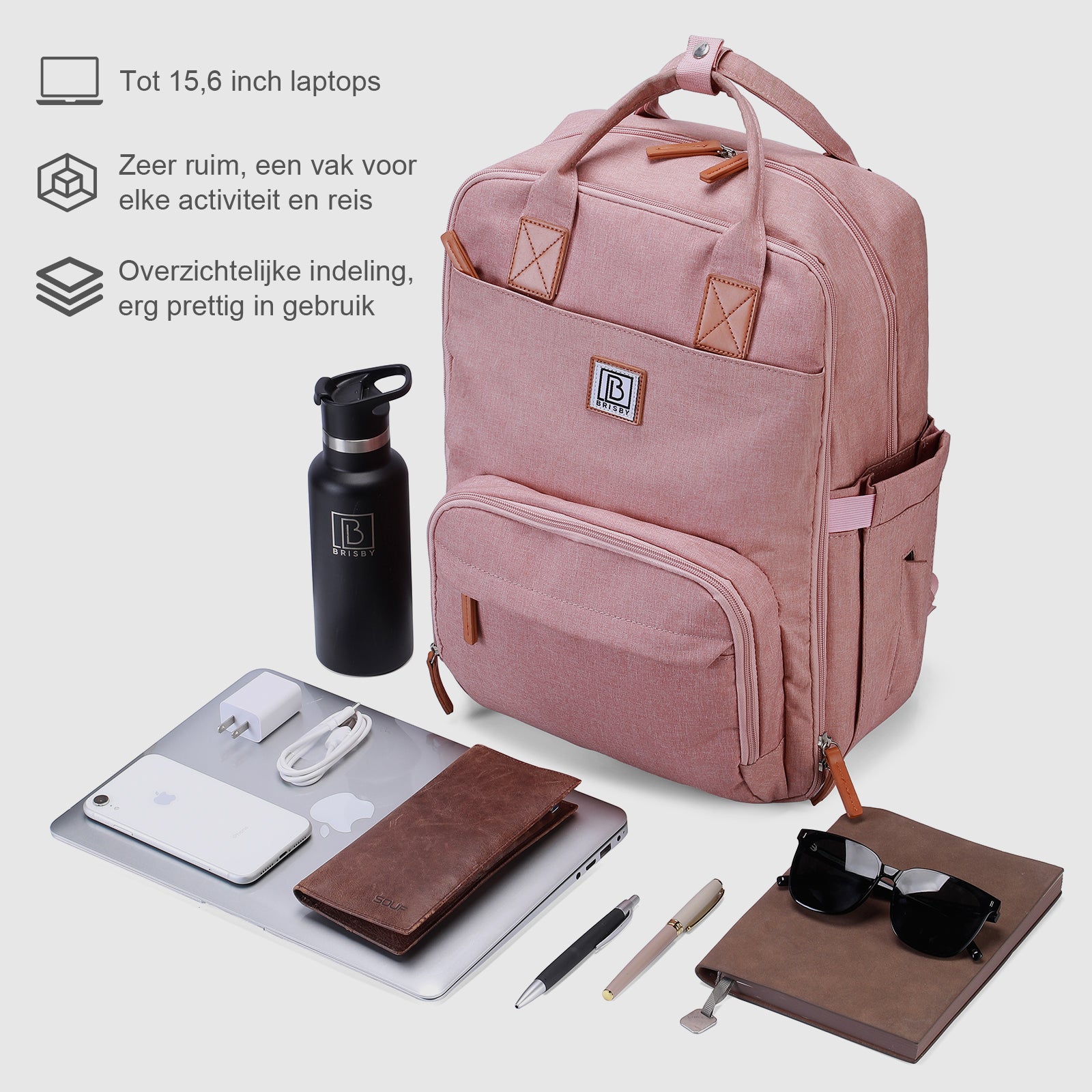 Brisby Rugzak voor Dames & Heren – Comfortabele, Waterafstotende Rugtas met Laptopvak, perfect als Schooltas, Werktas & voor op Reis. Geschikt als handbagage. Levenslange Garantie! - Roze